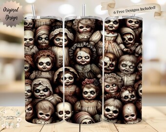 Creepy Halloween Dolls Seamless Tumbler Wrap 20oz Tumbler Sublimation PNG Dark Scary Doll Design Old Looking Ghostly Doll Digital Download