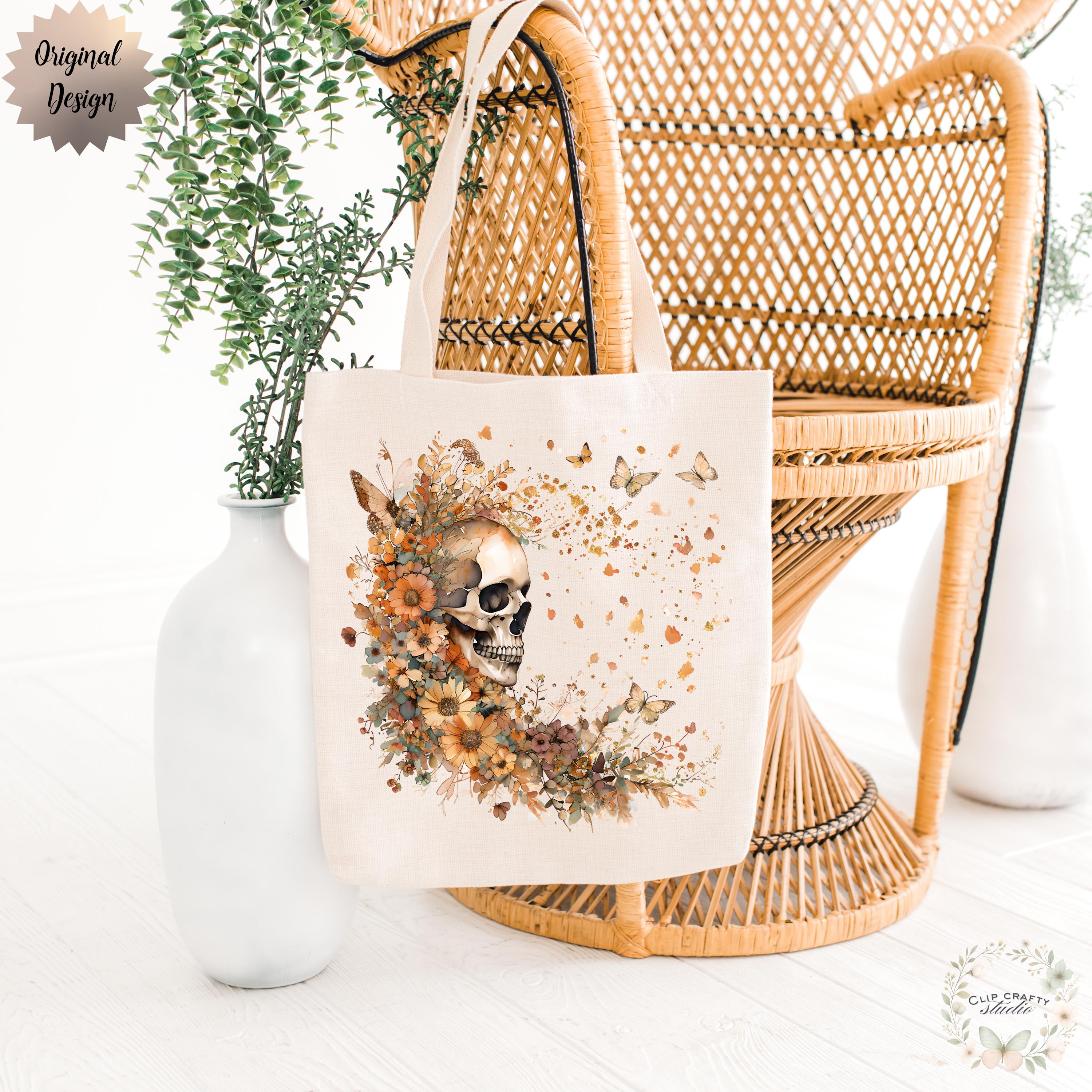 Floral Skull Butterfly PNG Boho Autumn Watercolor Design Girly Halloween Fall - Thumbnail 4