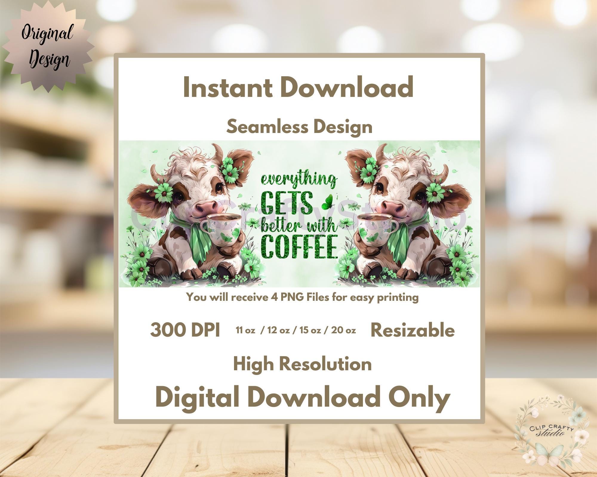 Highland Cow Green Mug Wrap PNG Everything Gets Better with Coffee 11oz 12oz 15oz 20oz Funny Floral Cow Mug Sublimation Digital Download - Thumbnail 4