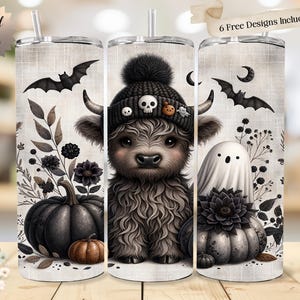 May include: A set of three stainless steel tumblers with Halloween-themed designs. One features a Highland cow wearing a skull-adorned hat, another has a bat and pumpkin, and the third has a ghost. The tumblers have a straw and the text "6 Free Designs Included!"