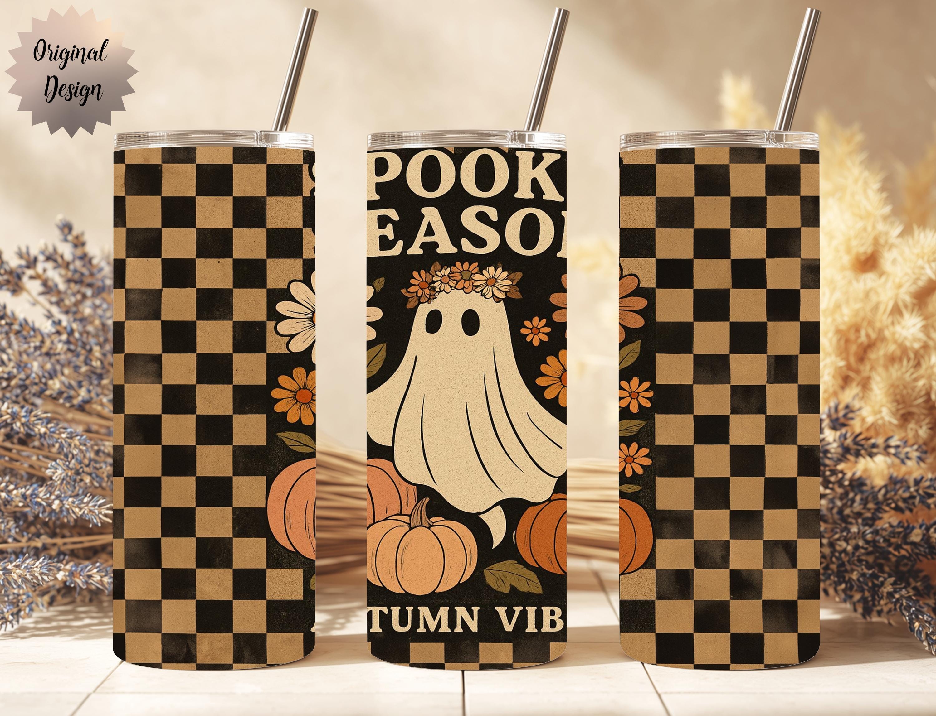 Girly Boho Ghost Seamless 20oz Tumbler Wrap PNG Sublimation Design Floral - Thumbnail 3