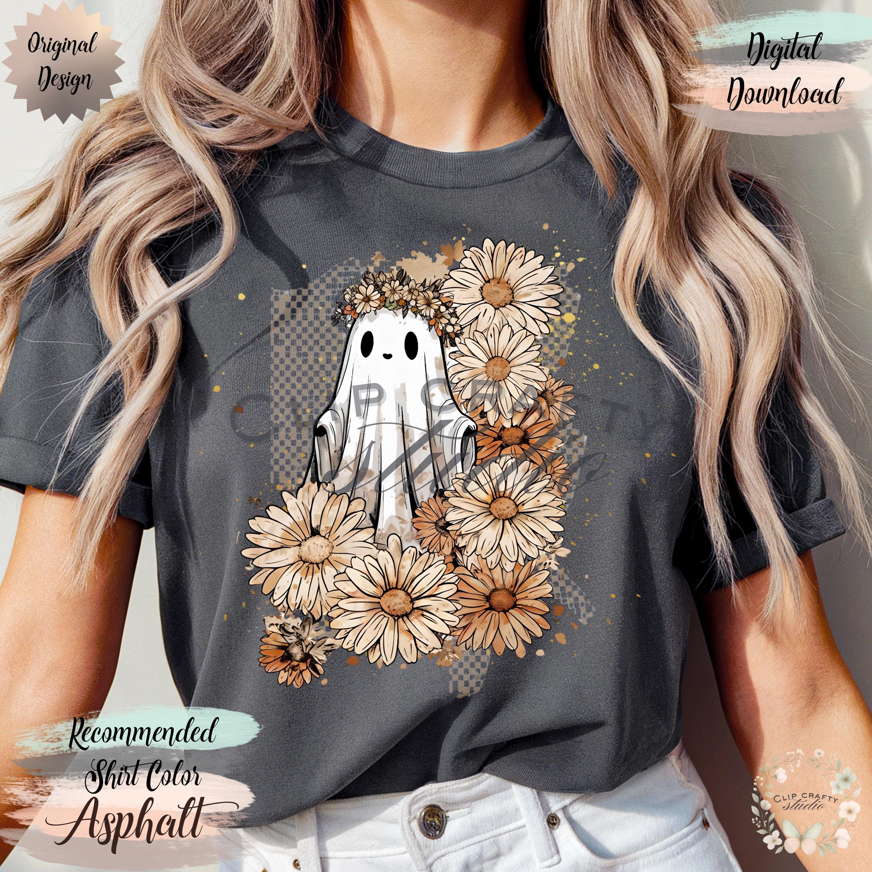 Boho Floral Ghost PNG Girly Halloween Fall Design Watercolor Checkerboard - Thumbnail 6