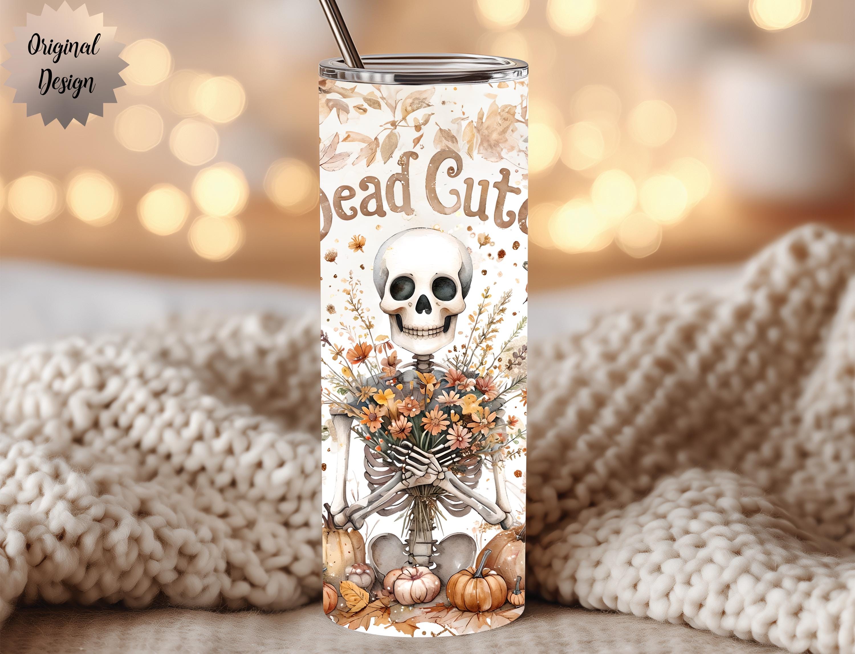 Dead Cute Skeleton Floral Halloween 20oz Tumbler Wrap PNG Sublimation Design - Thumbnail 2