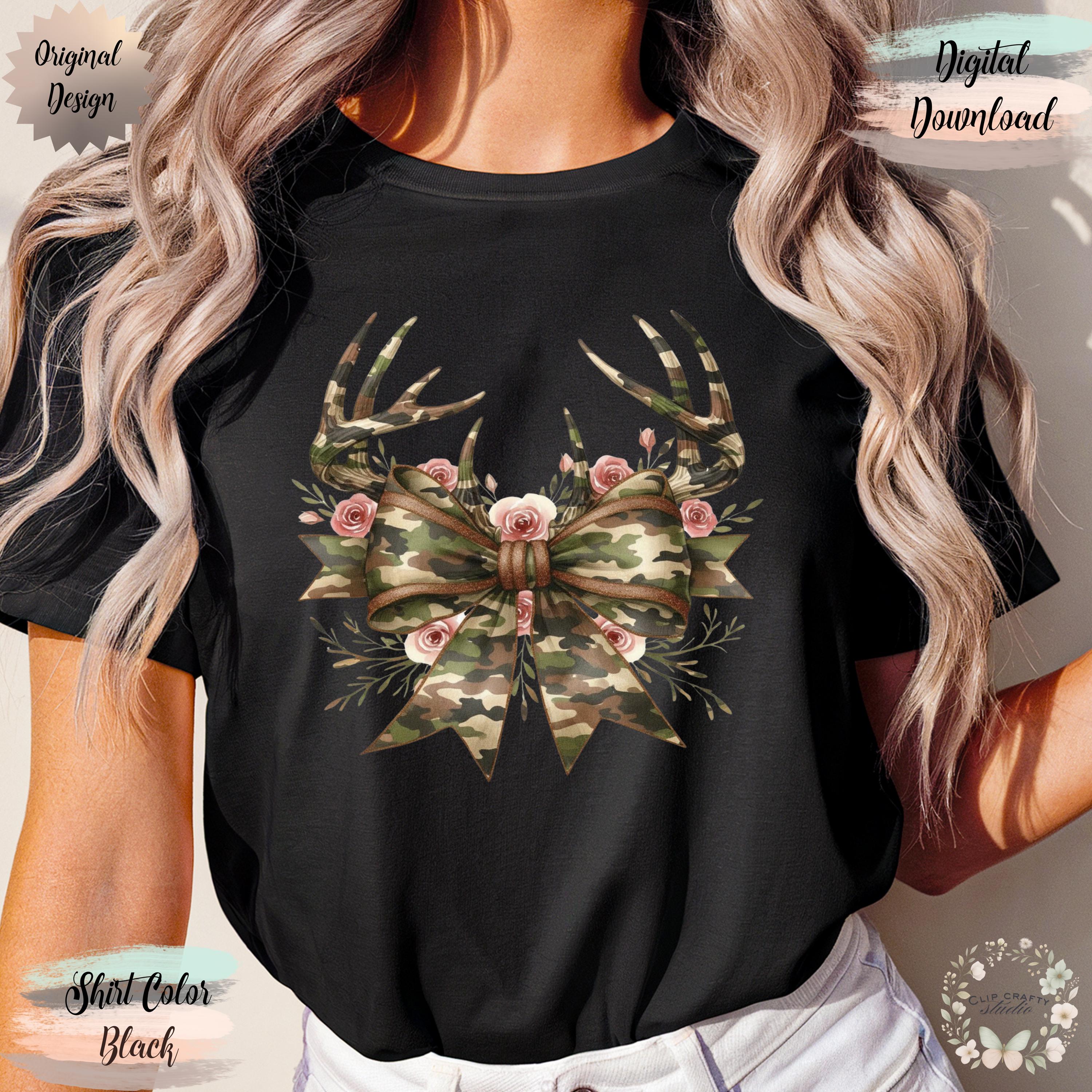 Deer Hunting Floral Camo Coquette Bow T-Shirt Sublimation PNG Deer Hunting Wife Design Camo Deer Hunting Coquette Hunting Digital Download