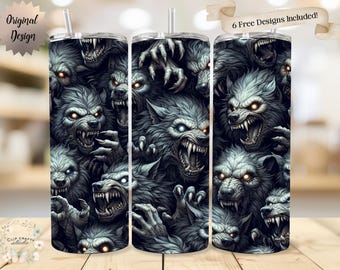Scary Halloween Werewolf Photographic Seamless Tumbler Wrap 20oz Tumbler Sublimation PNG Spooky Halloween Werewolves Design Digital Download
