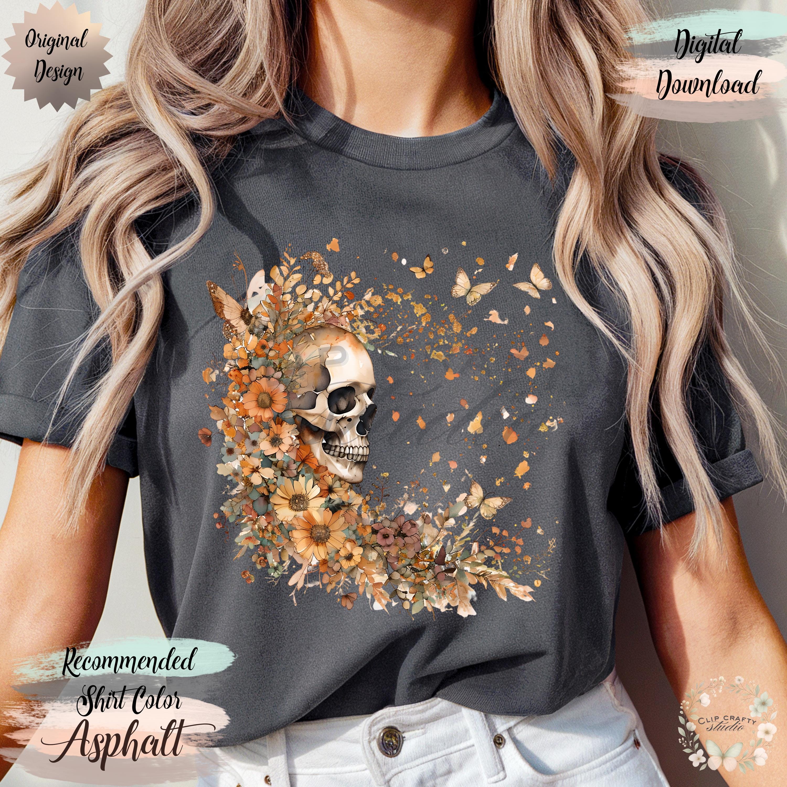 Floral Skull Butterfly PNG Boho Autumn Watercolor Design Girly Halloween Fall - Thumbnail 6
