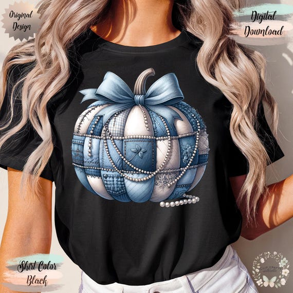 Denim Pearls Patchwork Pumpkin Coquette Bow Halloween Png Spooky Season Png Denim Glam Pumpkin Sublimation Colorful PNG Digital Download