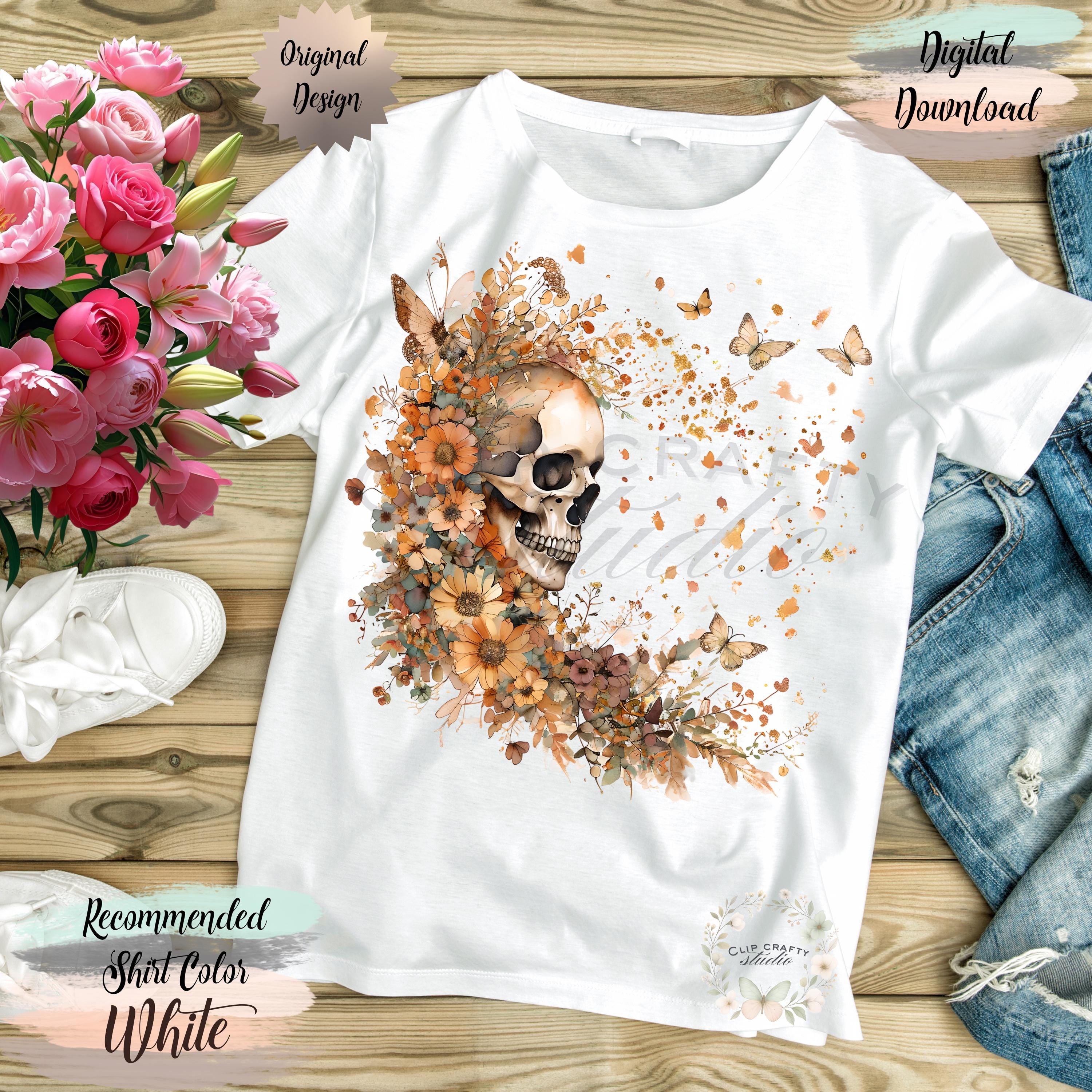 Floral Skull Butterfly PNG Boho Autumn Watercolor Design Girly Halloween Fall - Thumbnail 5