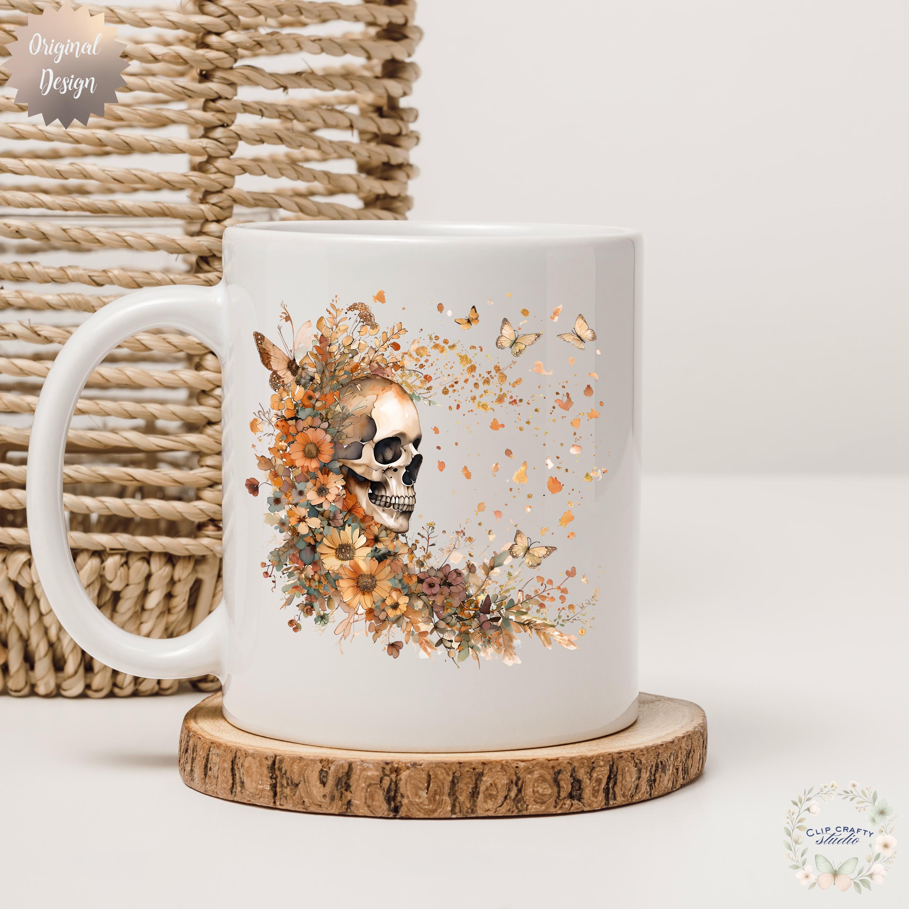Floral Skull Butterfly PNG Boho Autumn Watercolor Design Girly Halloween Fall - Thumbnail 3