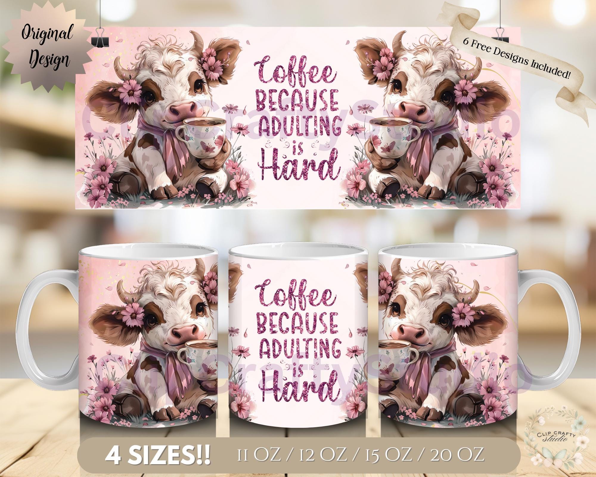 Floral Highland Cow Pink Mug Wrap, Coffee Because Adulting is Hard Sublimation Design, 11oz 12oz 15oz 20oz Mug PNG Cute Cow Digital Download - Image 1