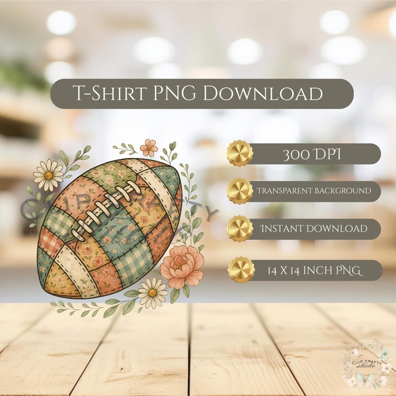 May include: A digital download image featuring a football with a patchwork design in shades of green, peach, and cream, surrounded by floral elements. The image includes the text "T-SHIRT PNG DOWNLOAD" and other details.