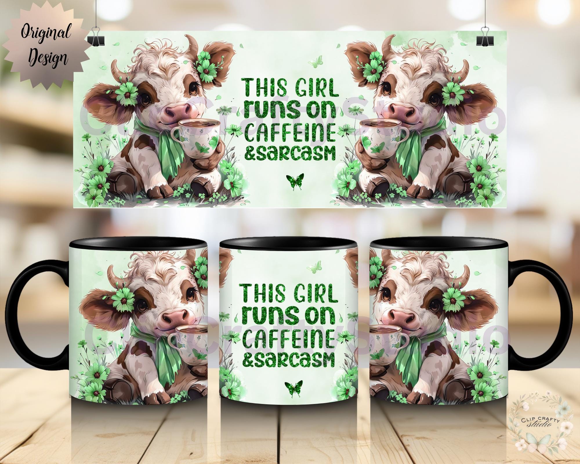 Highland Cow Green Mug Wrap PNG This Girl Runs on Caffeine & Sarcasm 11oz 12oz 15oz 20oz Funny Floral Cow Mug Sublimation Digital Download - Thumbnail 2