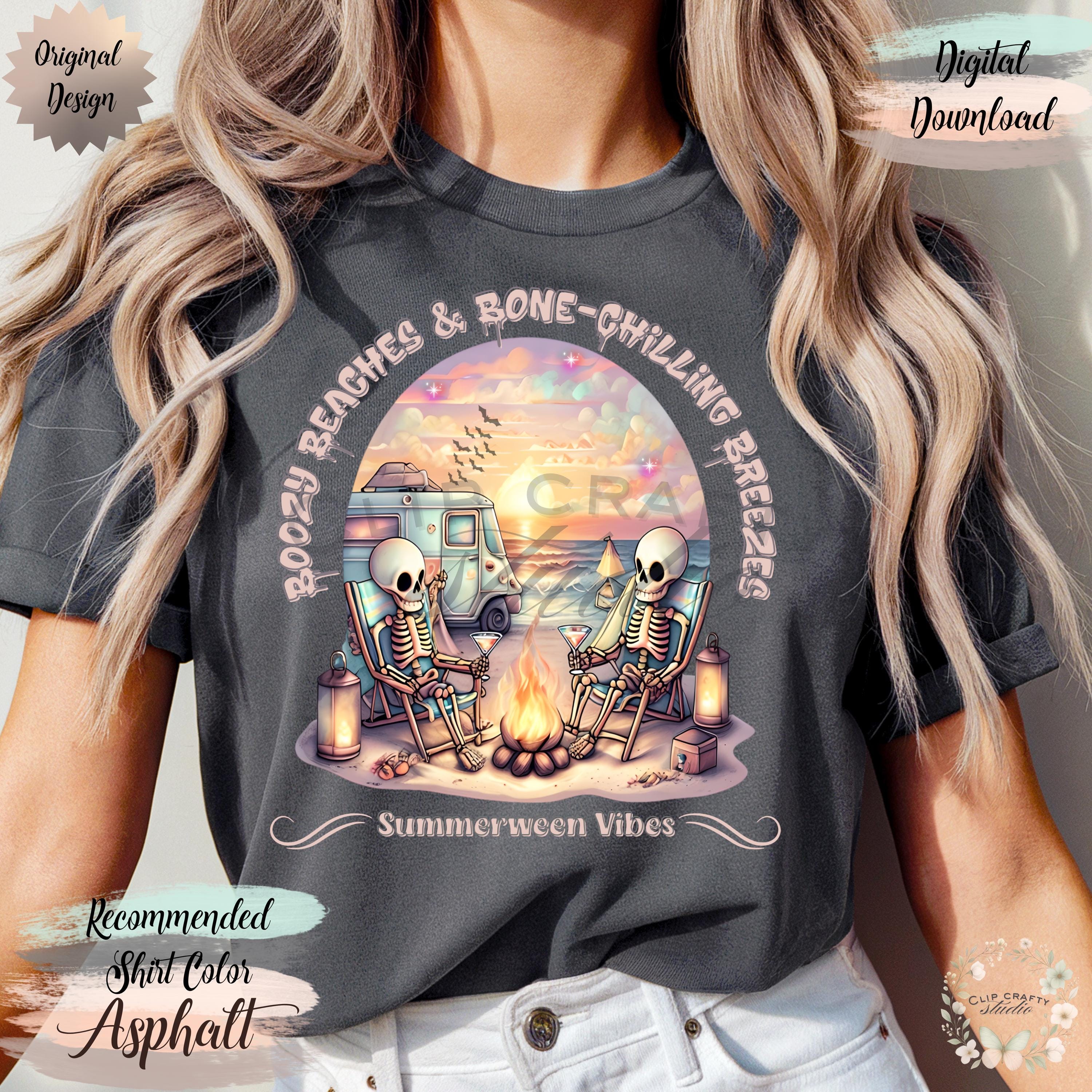 Funny Summer Halloween Skeletons Camping PNG Boozy Beaches & Bone-Chilling Bre - Thumbnail 6