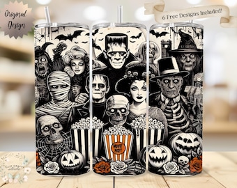 Może przedstawiać: Czarno-biały kubek o tematyce Halloween z klasycznymi potworami, takimi jak Frankenstein, Mumia i szkielet. Projekt zawiera nietoperze, dynie, róże i popcorn. Widoczny jest napis "Movie Night".