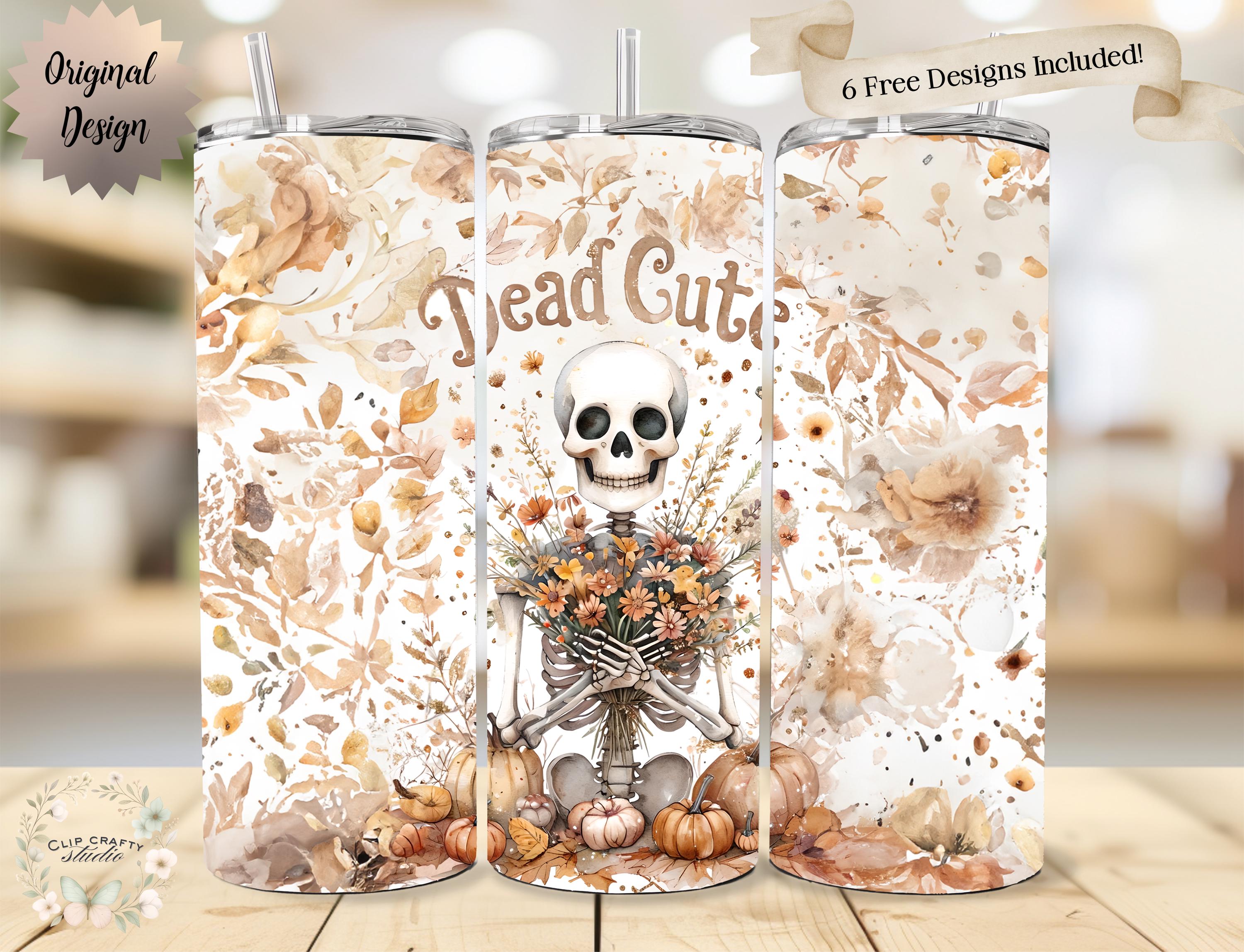 Dead Cute Skeleton Floral Halloween 20oz Tumbler Wrap PNG Sublimation Design