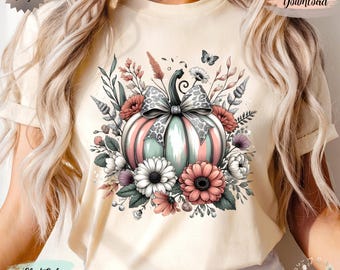Boho Chic Fall Pumpkin Colorful Coquette PNG, Girly Fall Png, Floral Halloween Fall Pumpkin PNG, Fall Sublimation, Digital Download