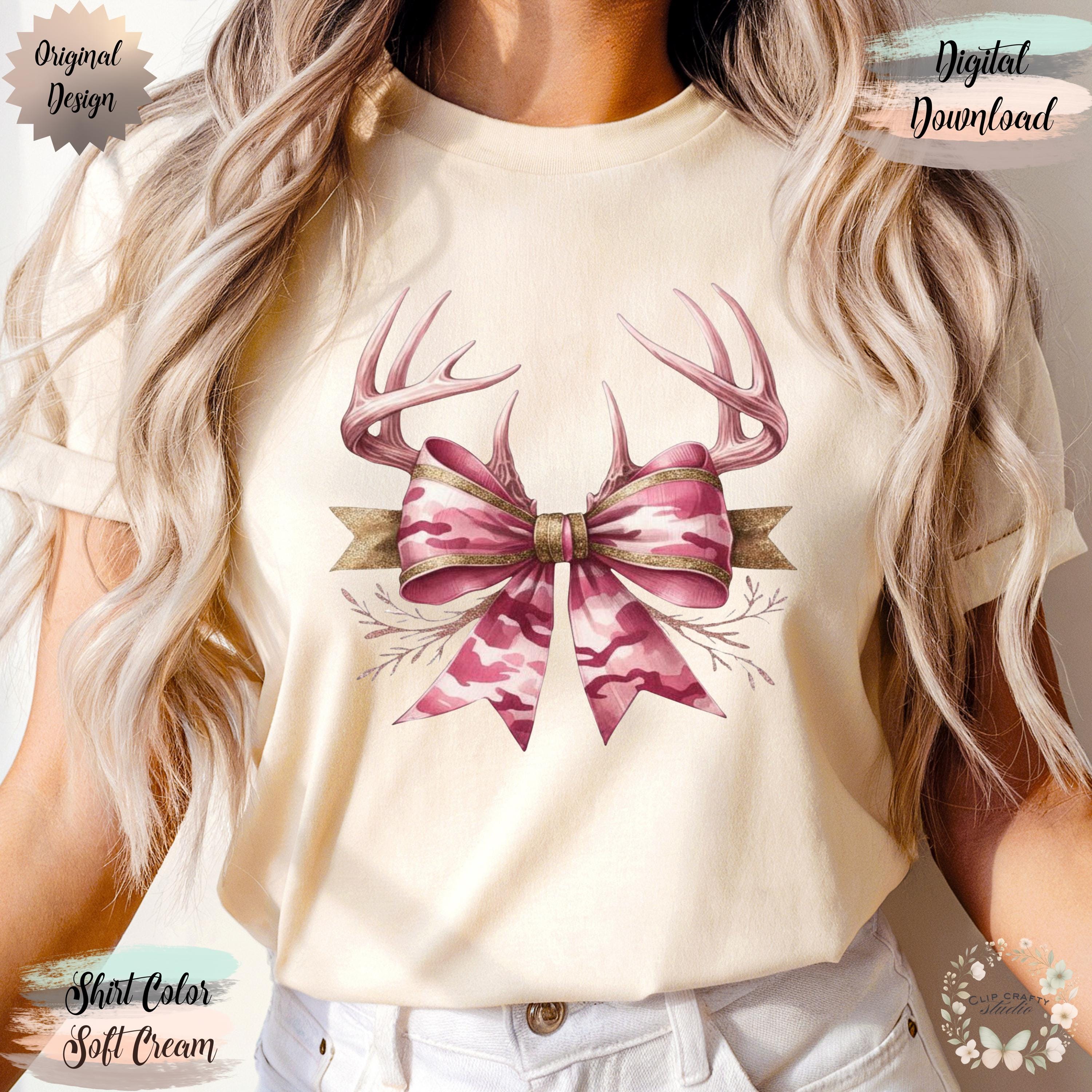 Deer Hunting Pink Camo Coquette Bow T-Shirt Sublimation PNG Hunting Wife Design Pink Camo Deer Hunting Coquette Hunting Digital Download - Thumbnail 3