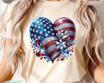 Faux Rhinestone Heart Patriotic Design PNG Filigree Patriotic Sublimation Red White Blue USA Love America American Flag Digital Download