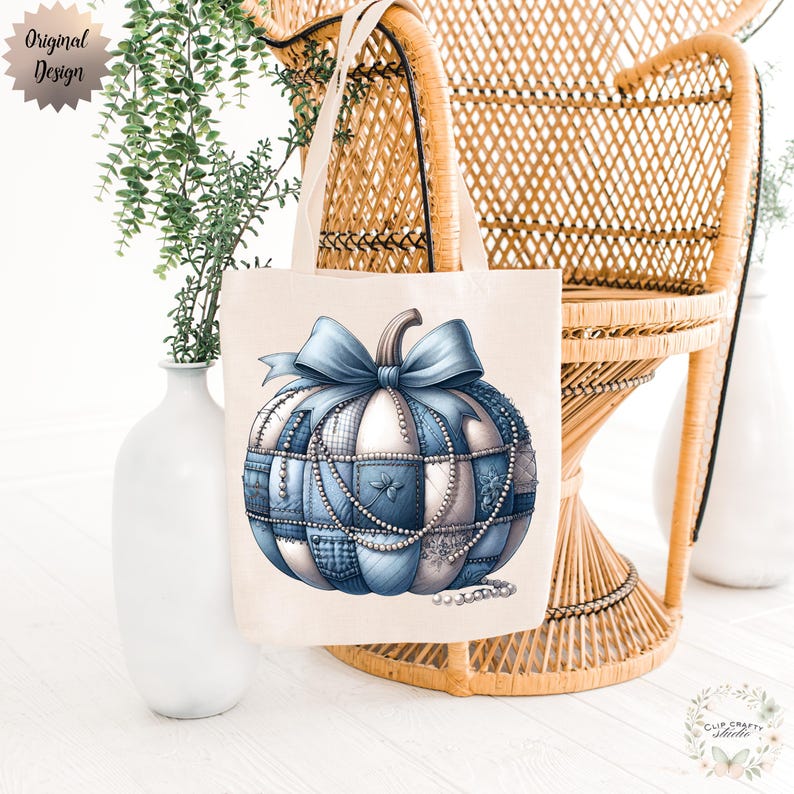 May include: A beige tote bag with a blue and white patchwork pumpkin design, a blue bow, and pearl accents. The bag hangs on a wicker chair. A white vase and greenery are in the background. The words "Original Design" are in the upper left corner.