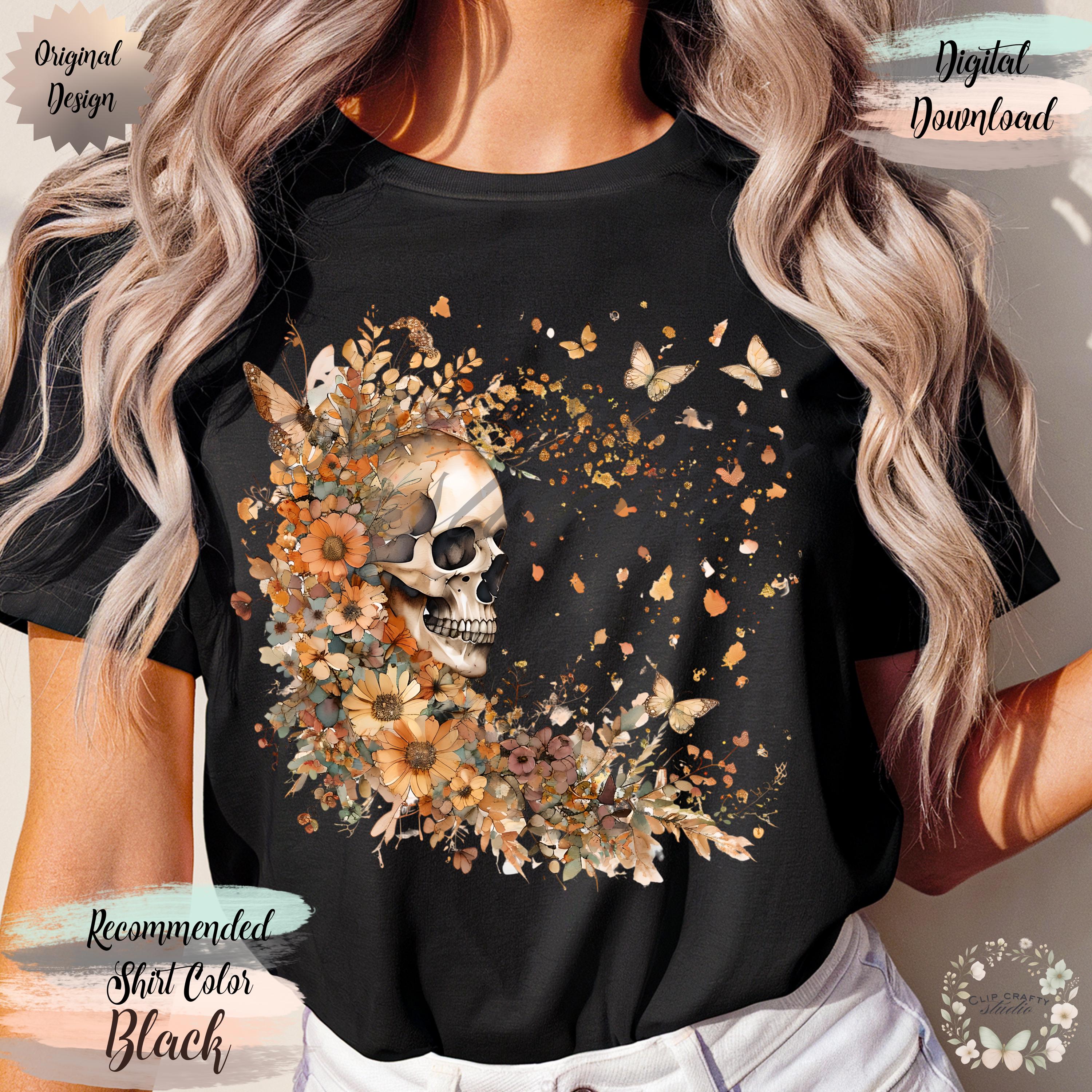 Floral Skull Butterfly PNG Boho Autumn Watercolor Design Girly Halloween Fall - Thumbnail 2