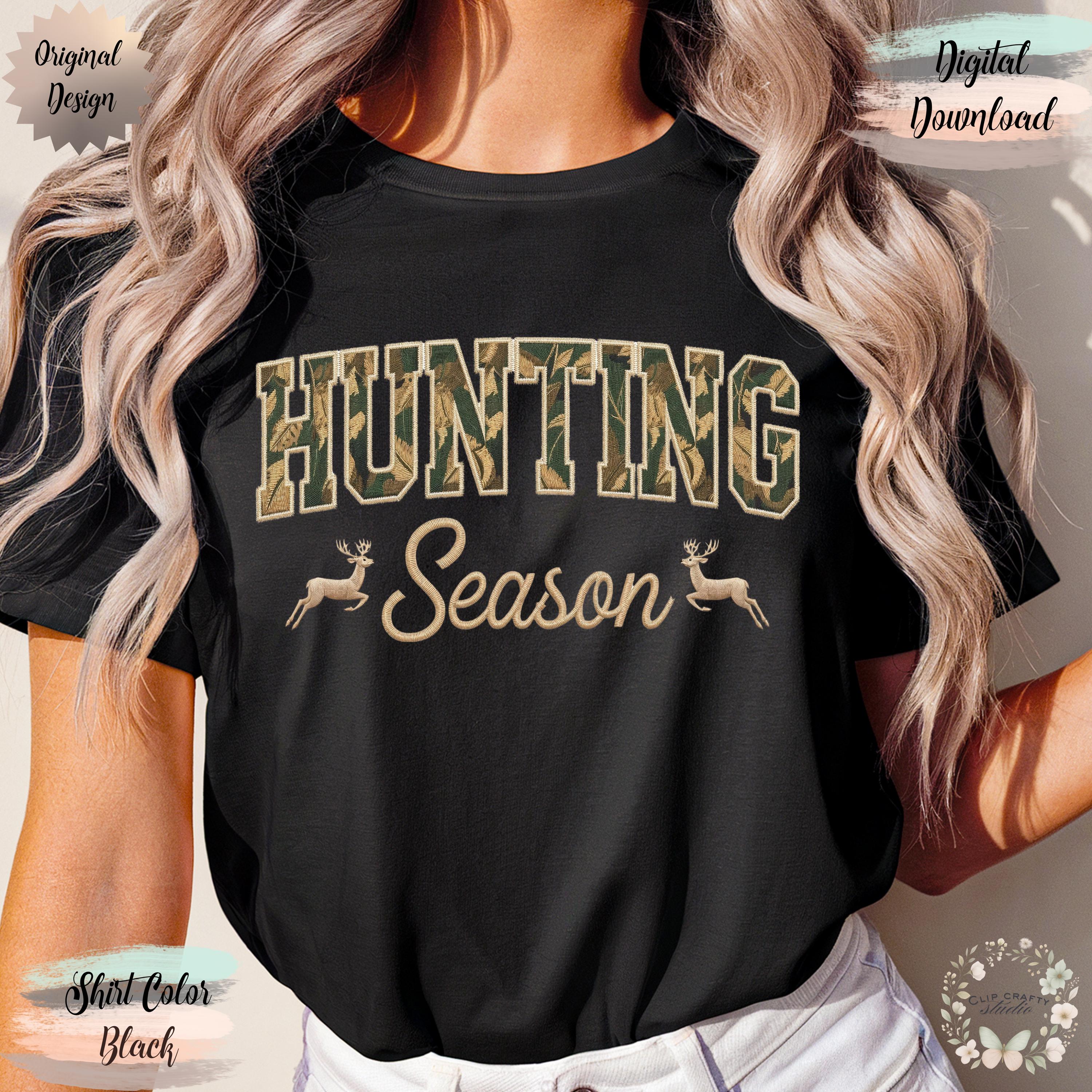 Deer Hunting Season Embroidery PNG Camo Varsity Letters with Embroidered Wild Deer Hunting T-Shirt Sublimation Deer PNG Digital Download