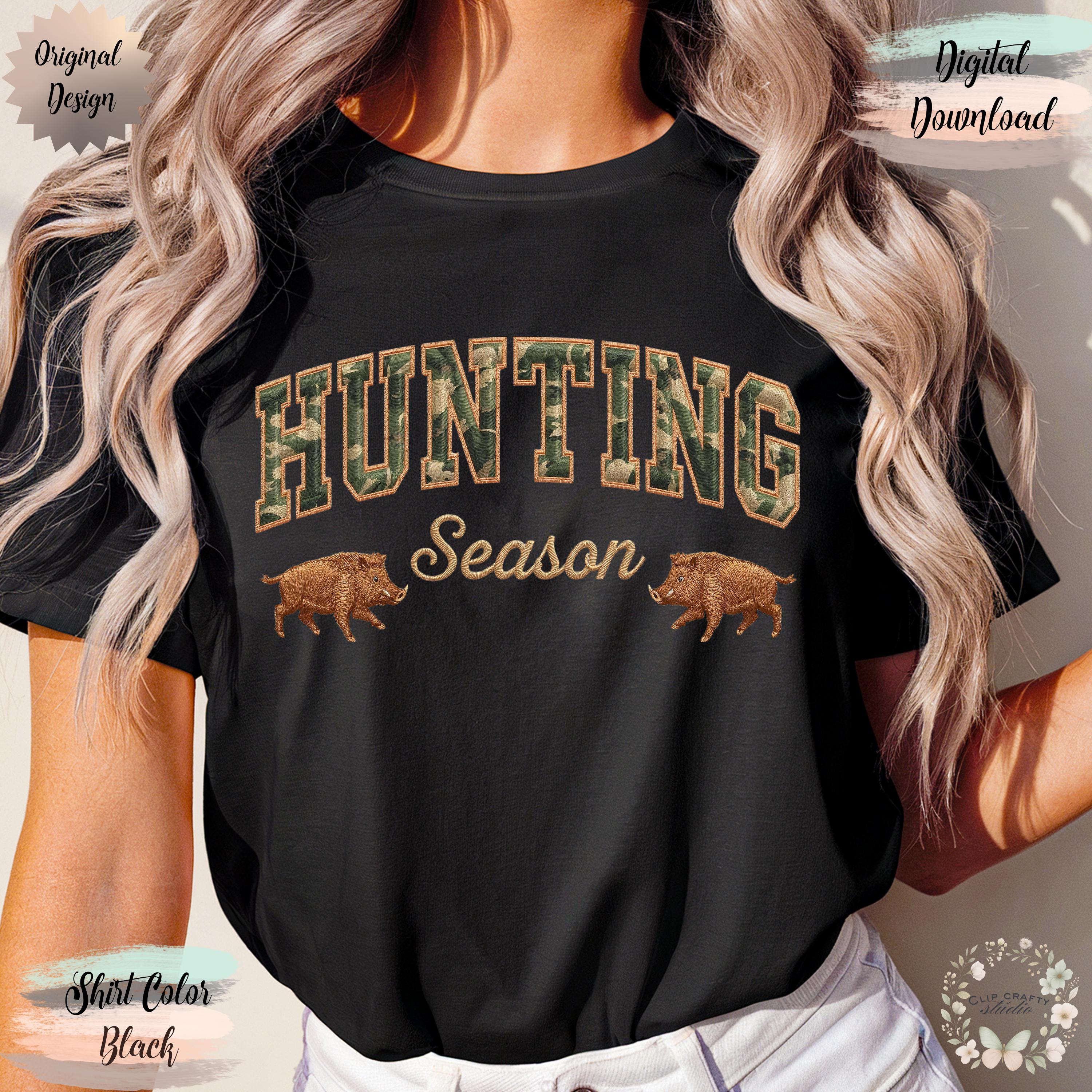 Hunting Season Wild Boar Embroidery PNG Camo Varsity Letters with Embroidered Wild Hog Hunting T-Shirt Sublimation PNG Digital Download
