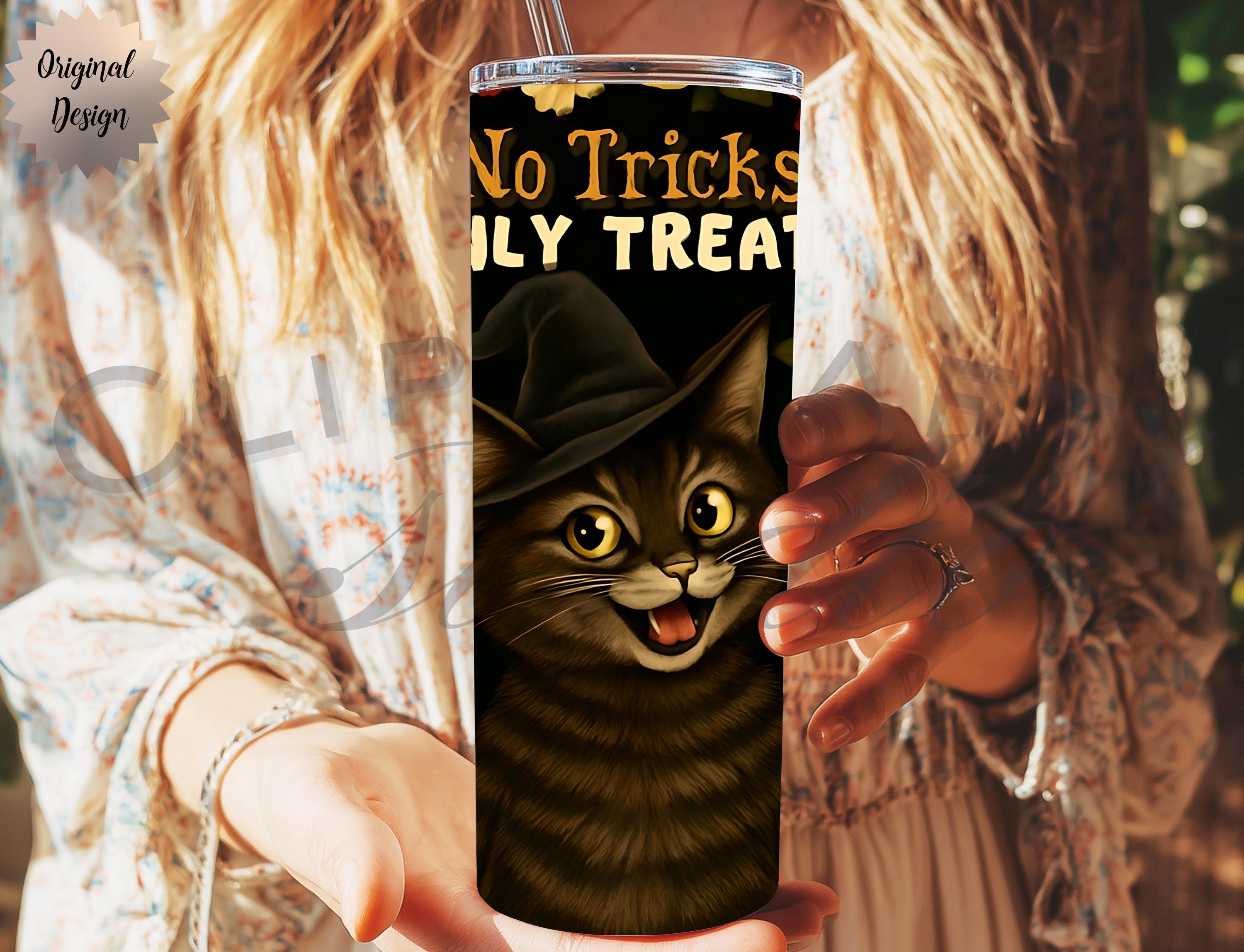 No Tricks Only Treats Cat Witch Floral 20oz Tumbler Wrap PNG Sublimation Design - Thumbnail 6