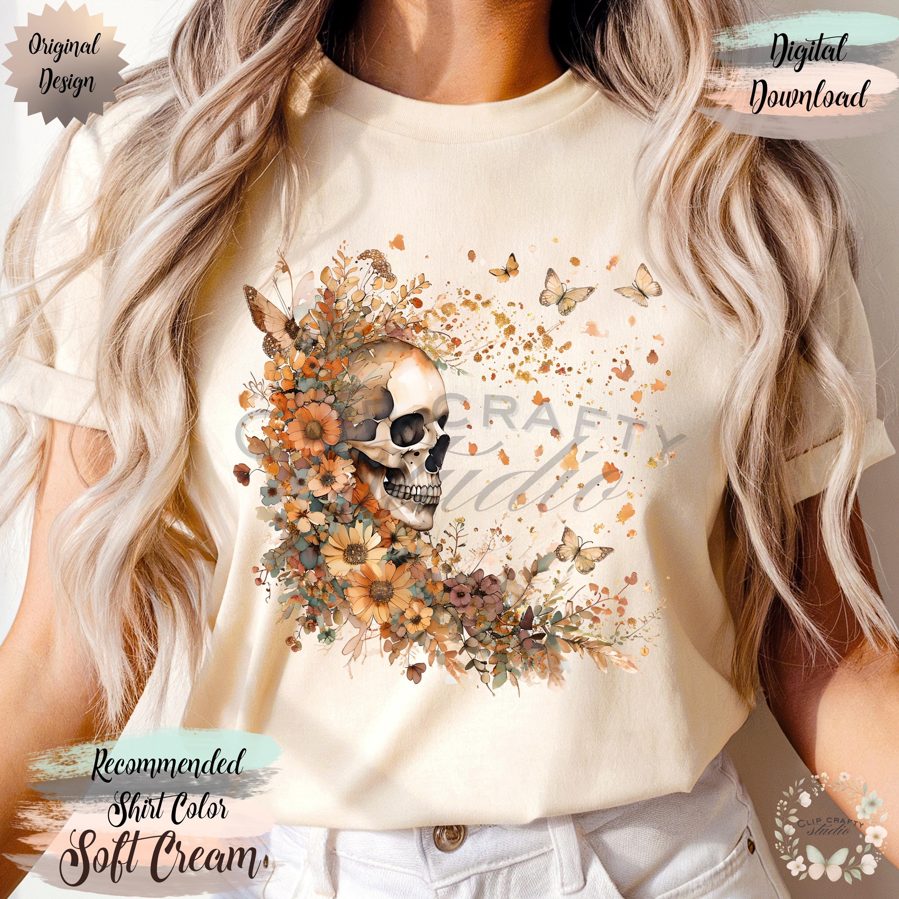 Floral Skull Butterfly PNG Boho Autumn Watercolor Design Girly Halloween Fall