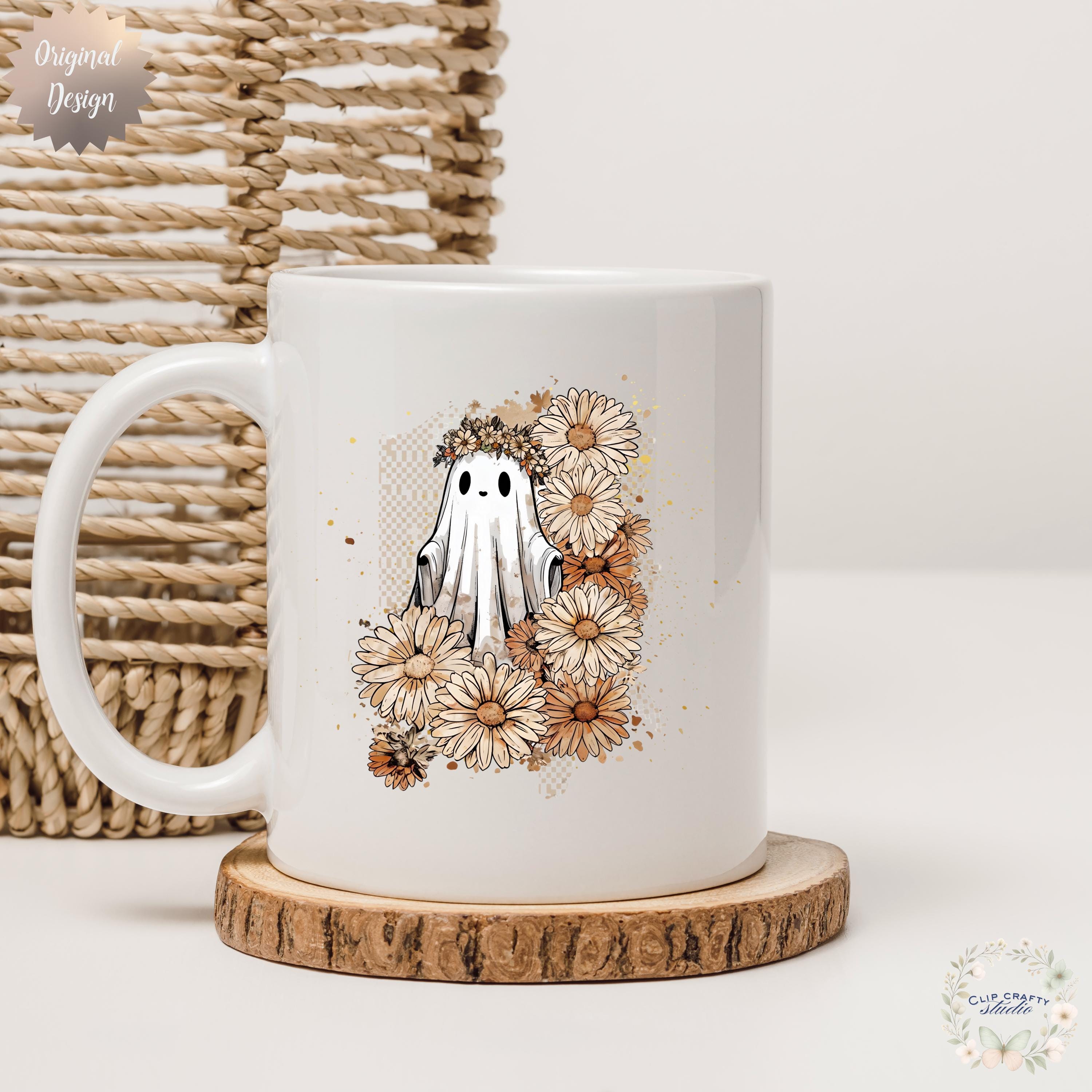 Boho Floral Ghost PNG Girly Halloween Fall Design Watercolor Checkerboard - Thumbnail 4