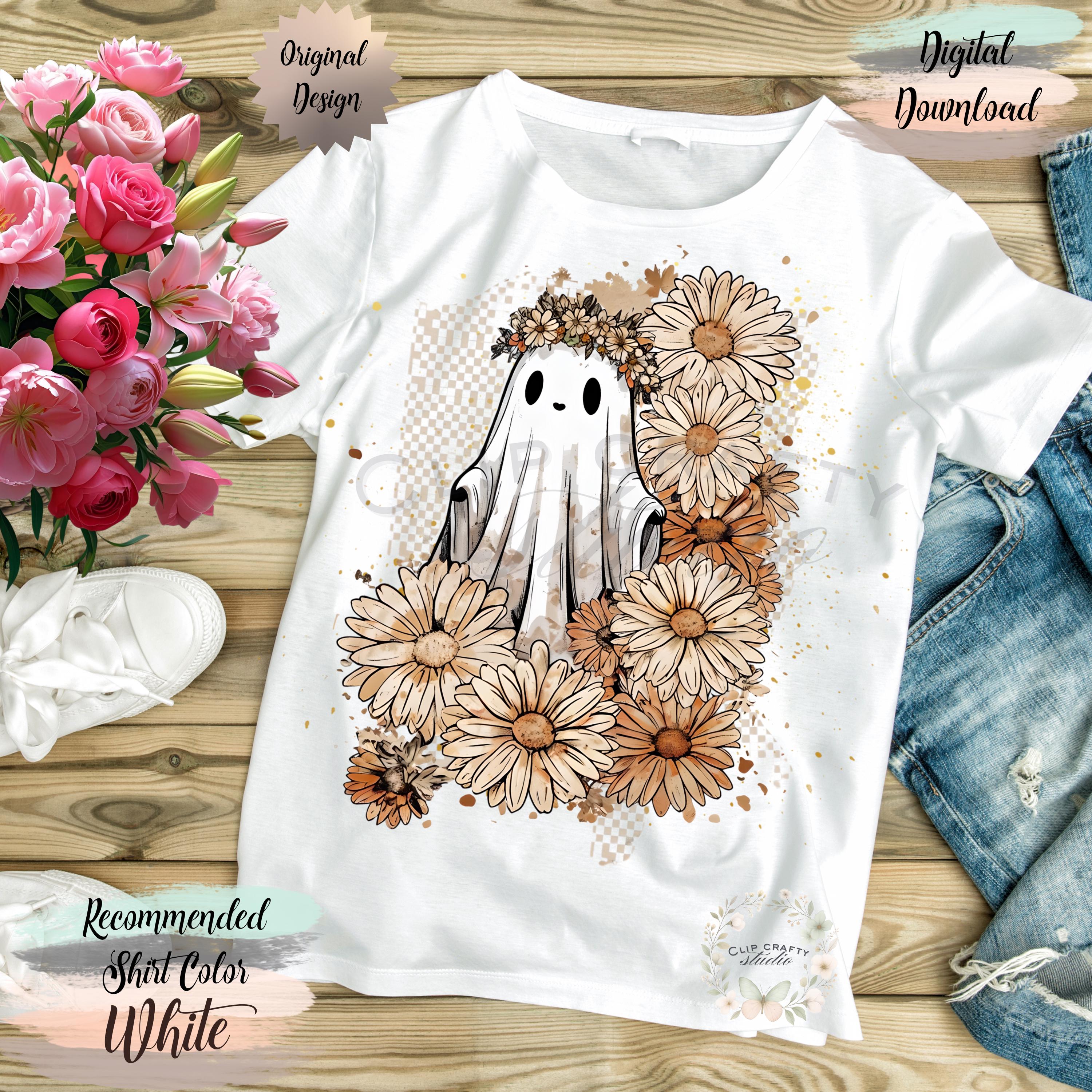 Boho Floral Ghost PNG Girly Halloween Fall Design Watercolor Checkerboard - Thumbnail 3
