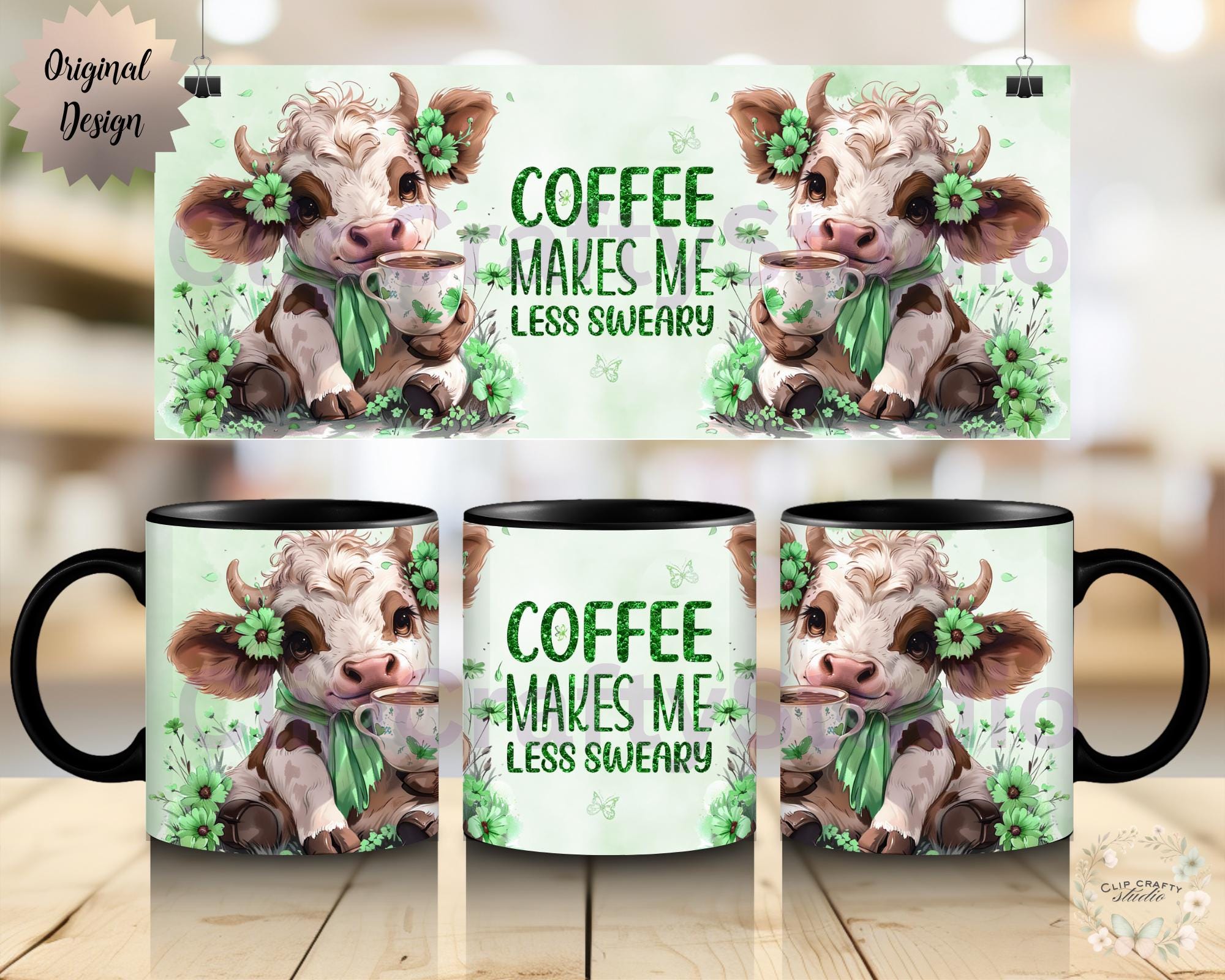 Cute Highland Cow Green Mug Wrap PNG - Coffee Makes Me Less Sweary, 11oz 12oz 15oz 20oz Funny Floral Cow Mug Sublimation, Digital Download - Thumbnail 2