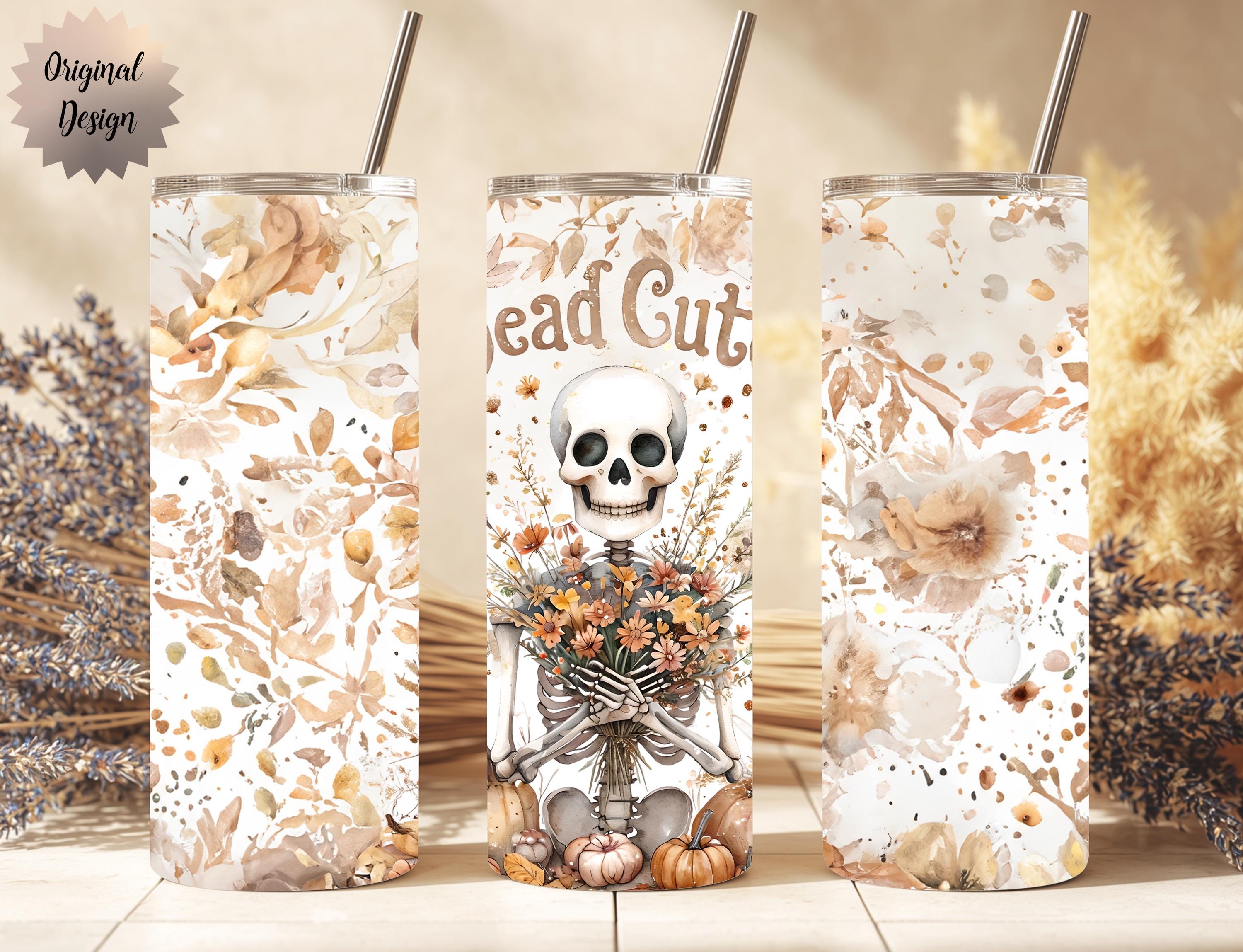 Dead Cute Skeleton Floral Halloween 20oz Tumbler Wrap PNG Sublimation Design - Thumbnail 3