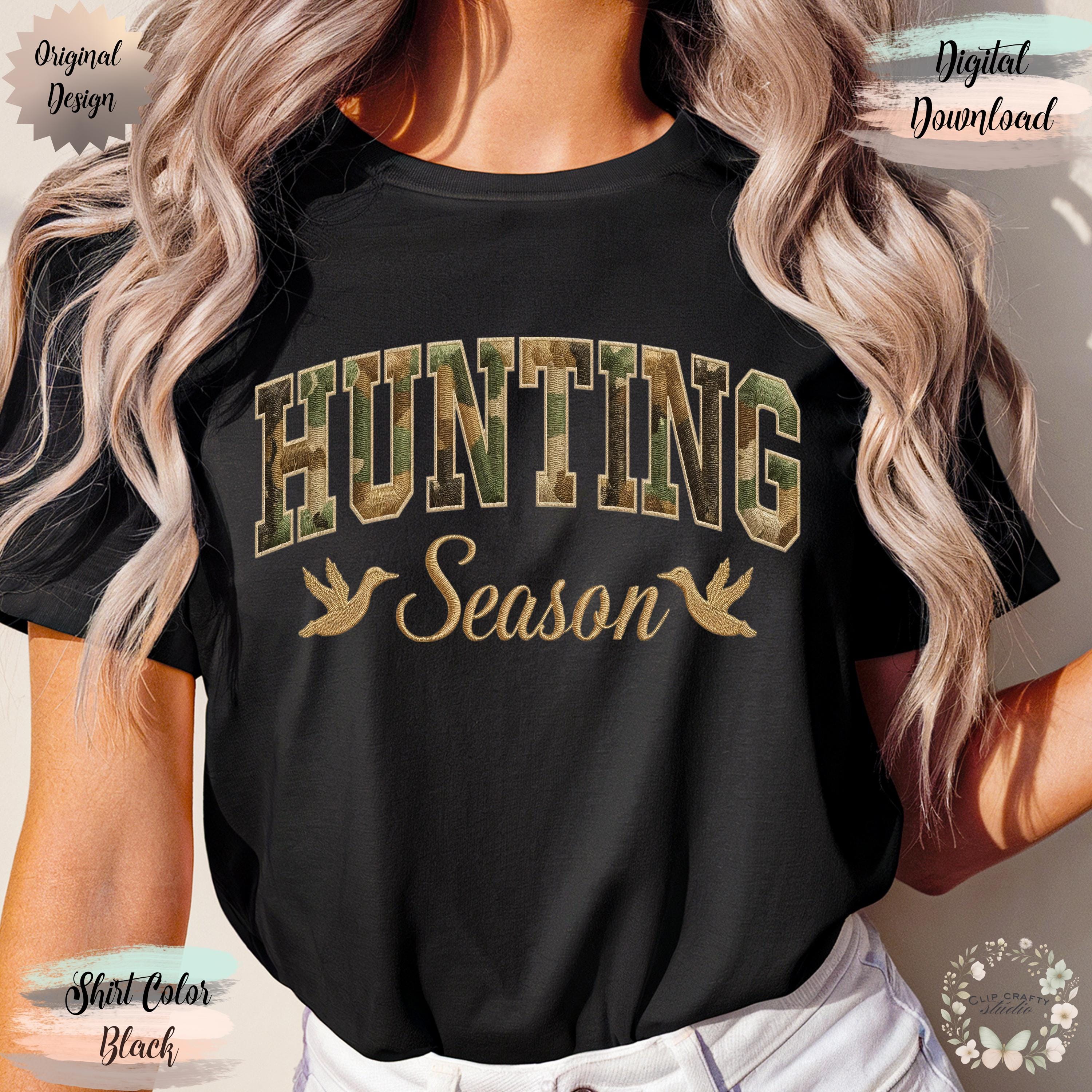 Duck Hunting Season Embroidery PNG Camo Varsity Letters with Embroidered Wild Duck Hunting Wife T-Shirt Sublimation PNG Digital Download