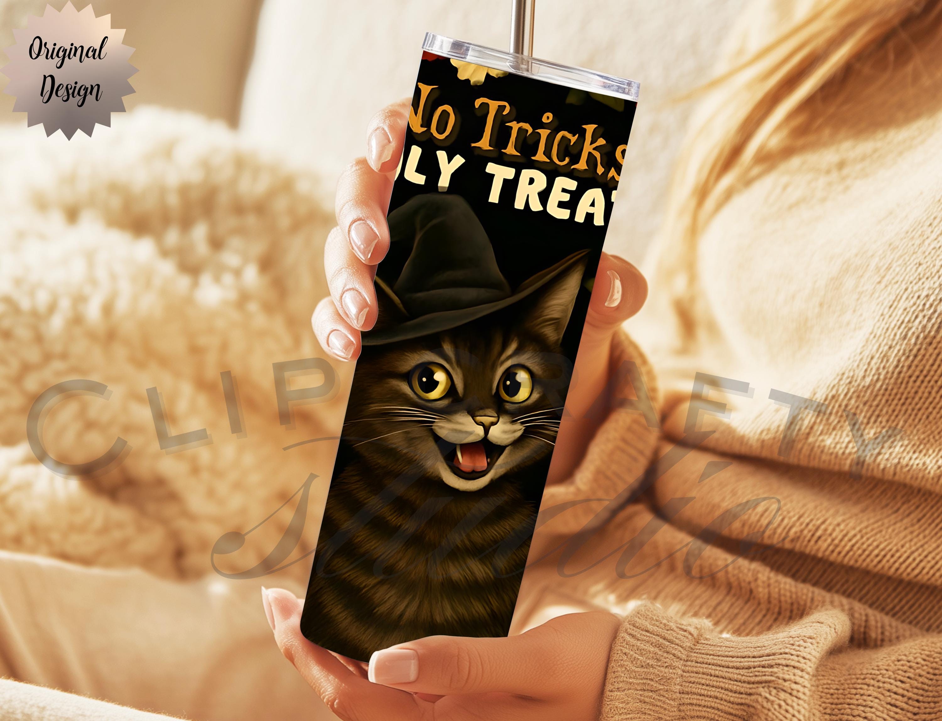 No Tricks Only Treats Cat Witch Floral 20oz Tumbler Wrap PNG Sublimation Design - Thumbnail 5