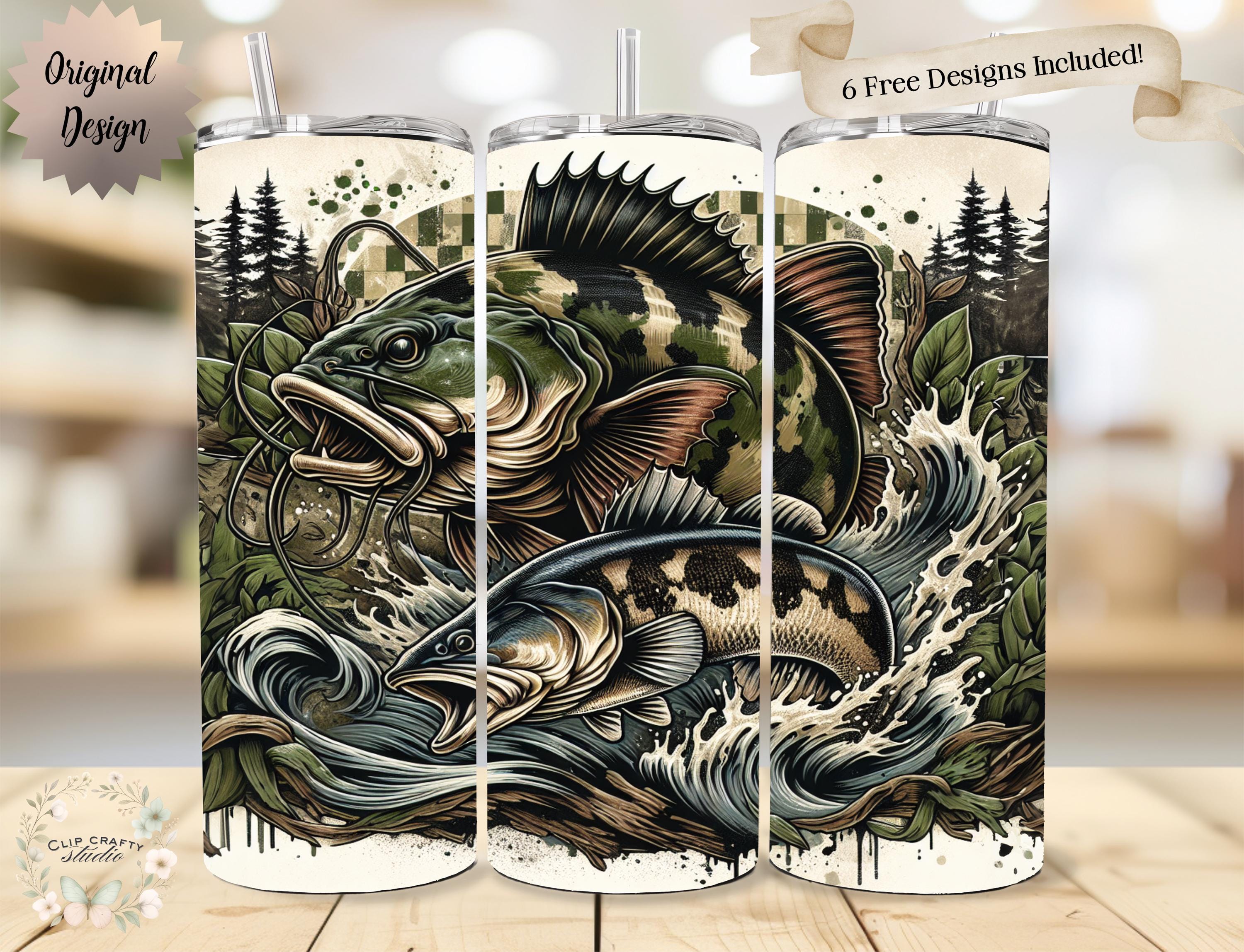 Retro Fishing Camouflage Seamless Tumbler Wrap 20oz Tumbler Sublimation PNG, Fishing Season Design American Fishing Gift Digital Download - Image 1