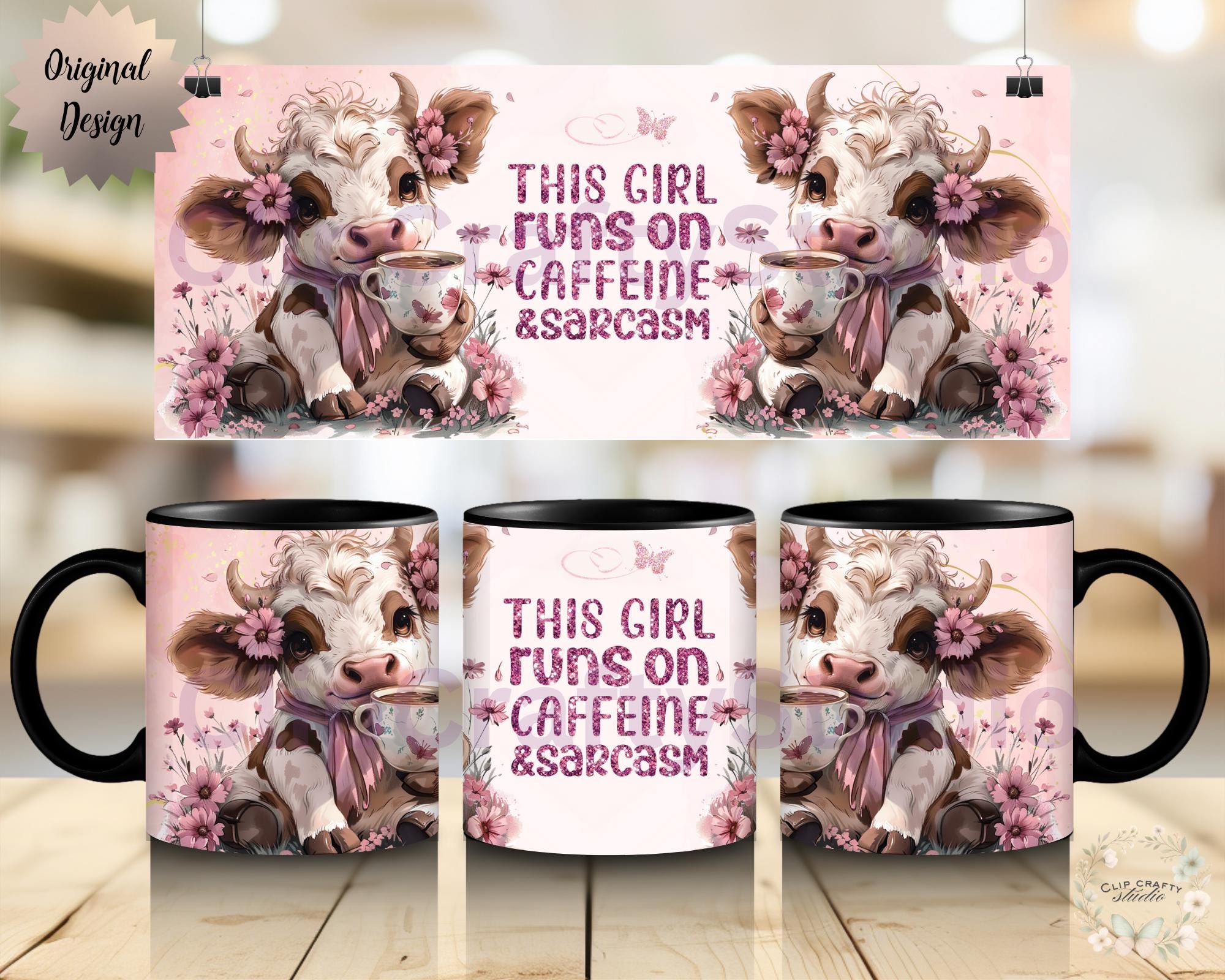 Highland Cow Pink Mug Wrap PNG This Girl Runs on Caffeine & Sarcasm 11oz 12oz 15oz 20oz Funny Floral Cow Mug Sublimation Digital Download - Thumbnail 2
