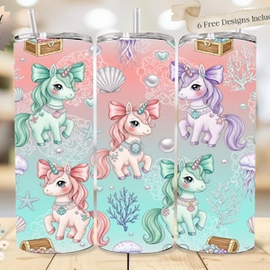May include: A set of three stainless steel tumblers with a wraparound design featuring cartoon unicorns, seashells, and coral on a gradient pink and blue background. Each tumbler has a straw and the text "6 Free Designs Included!" is visible.