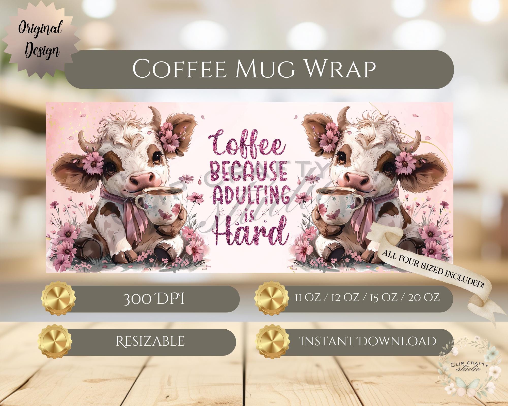 Floral Highland Cow Pink Mug Wrap, Coffee Because Adulting is Hard Sublimation Design, 11oz 12oz 15oz 20oz Mug PNG Cute Cow Digital Download - Thumbnail 3