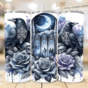 May include: A white tumbler with a gothic design featuring a raven, roses, and a skull. The design includes a moon, a cathedral, and watercolor-style accents in shades of blue and purple. The text "Original Design" is visible.