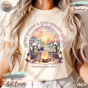 Summer Halloween, Skeletons Camping PNG, Beach PNG, Funny Spooky Retro Vintage Watercolor T-Shirt Design, Summerween Vibes, Digital Download