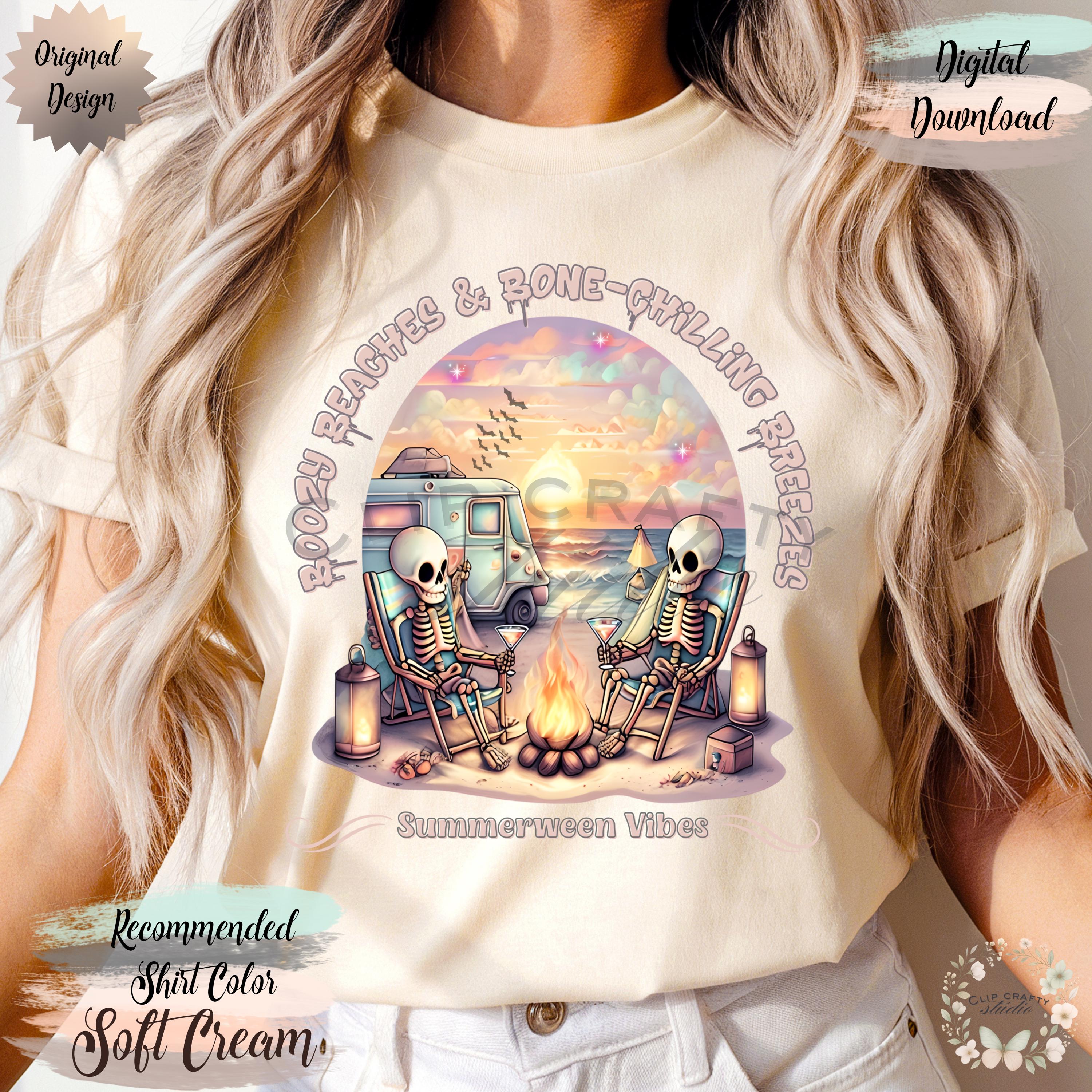 Funny Summer Halloween Skeletons Camping PNG Boozy Beaches & Bone-Chilling Bre