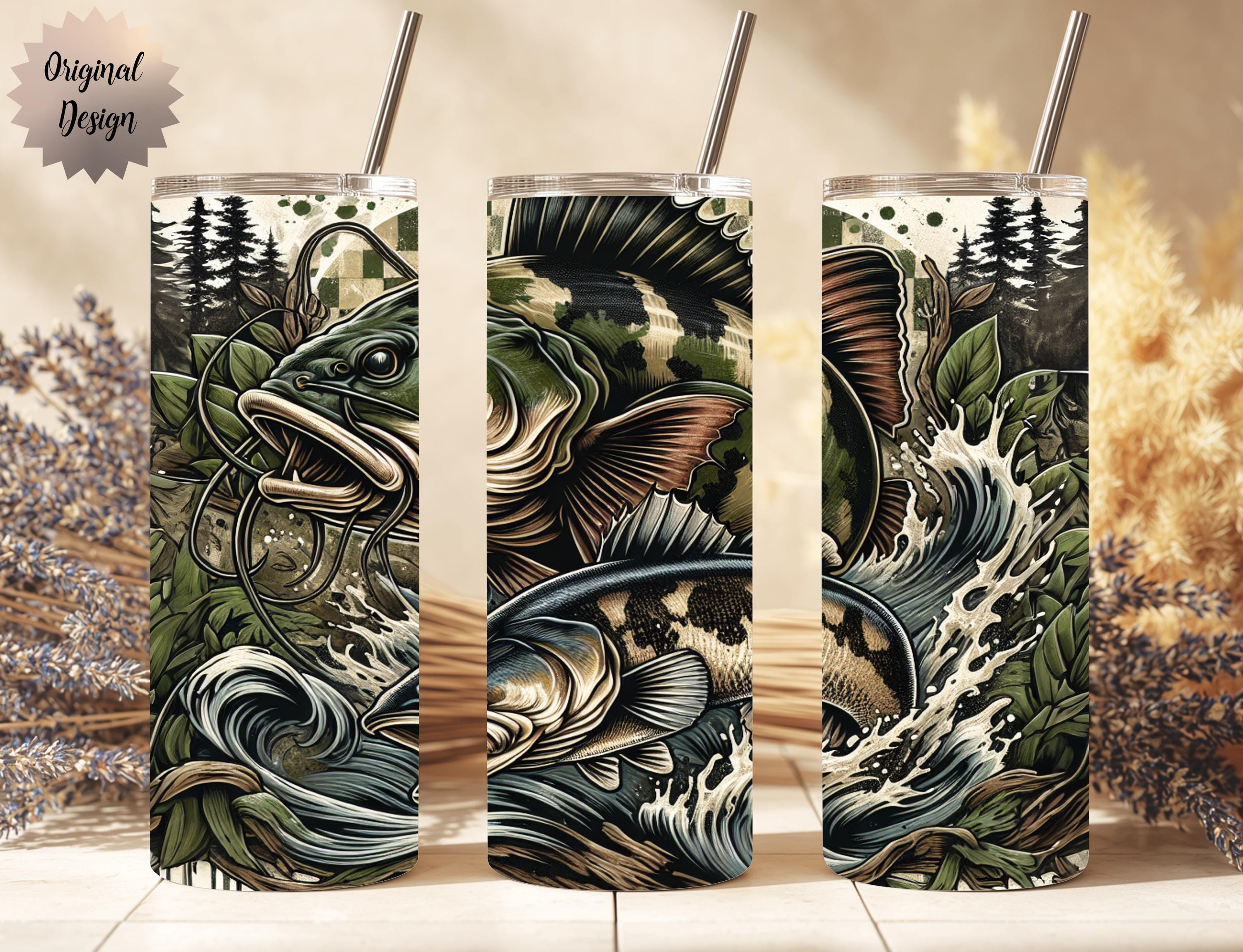 Retro Fishing Camouflage Seamless Tumbler Wrap 20oz Tumbler Sublimation PNG, Fishing Season Design American Fishing Gift Digital Download - Thumbnail 3