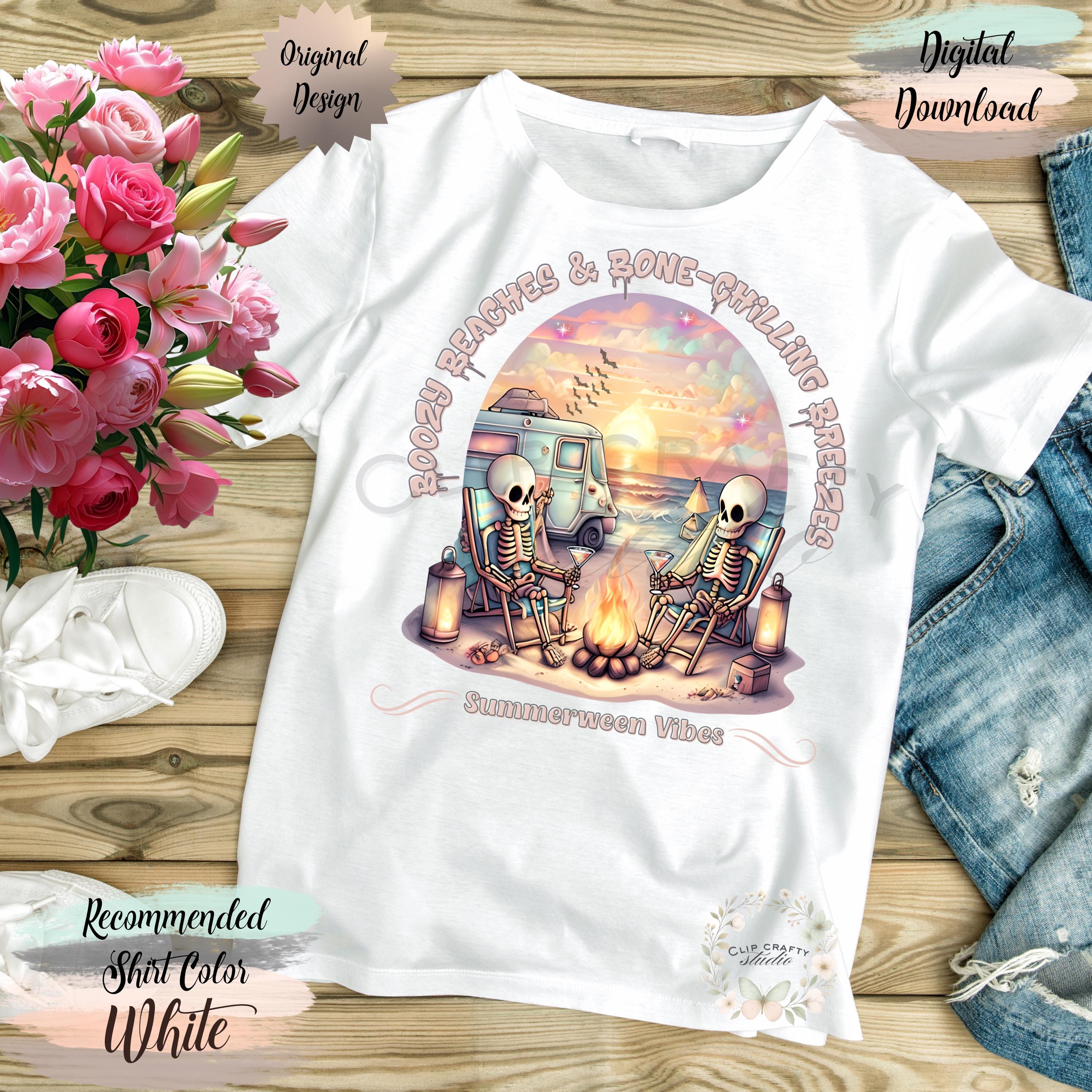 Funny Summer Halloween Skeletons Camping PNG Boozy Beaches & Bone-Chilling Bre - Thumbnail 5