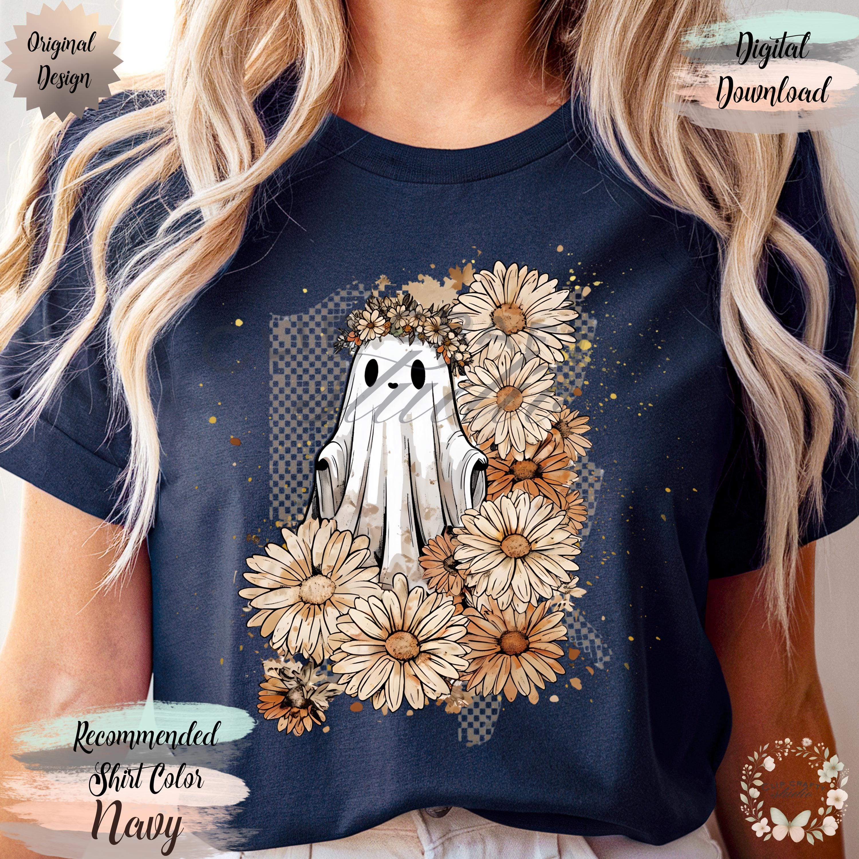 Boho Floral Ghost PNG Girly Halloween Fall Design Watercolor Checkerboard - Thumbnail 7
