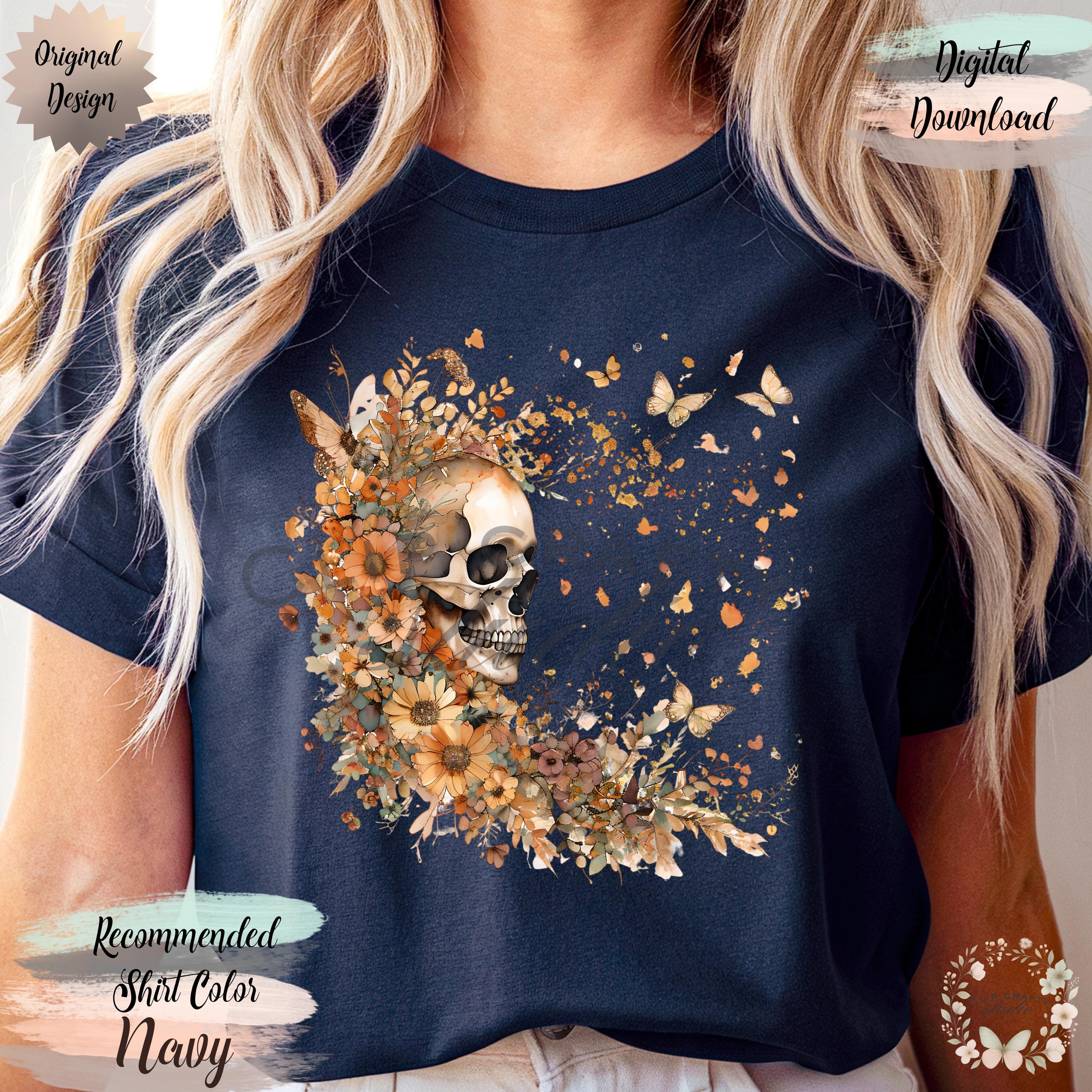 Floral Skull Butterfly PNG Boho Autumn Watercolor Design Girly Halloween Fall - Thumbnail 7