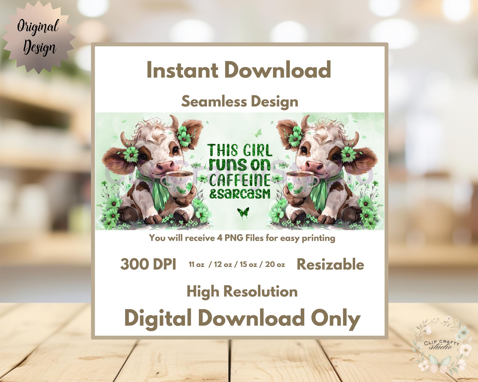 Highland Cow Green Mug Wrap PNG This Girl Runs on Caffeine & Sarcasm 11oz 12oz 15oz 20oz Funny Floral Cow Mug Sublimation Digital Download - Thumbnail 4