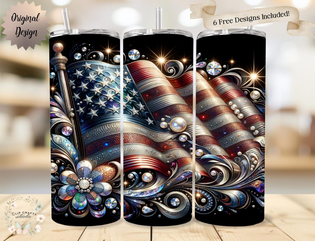 Patriotic Luxury Faux Rhinestone American Flag 20oz Tumbler Wrap PNG ...