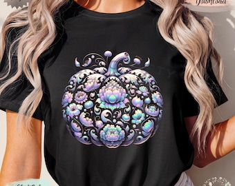 Tęczowa dynia chinoiserie PNG, Retro Halloween Neonowa dynia PNG Modny Neon PNG, Kolorowe Halloween PNG, Upiorny sezon Cyfrowe pobieranie