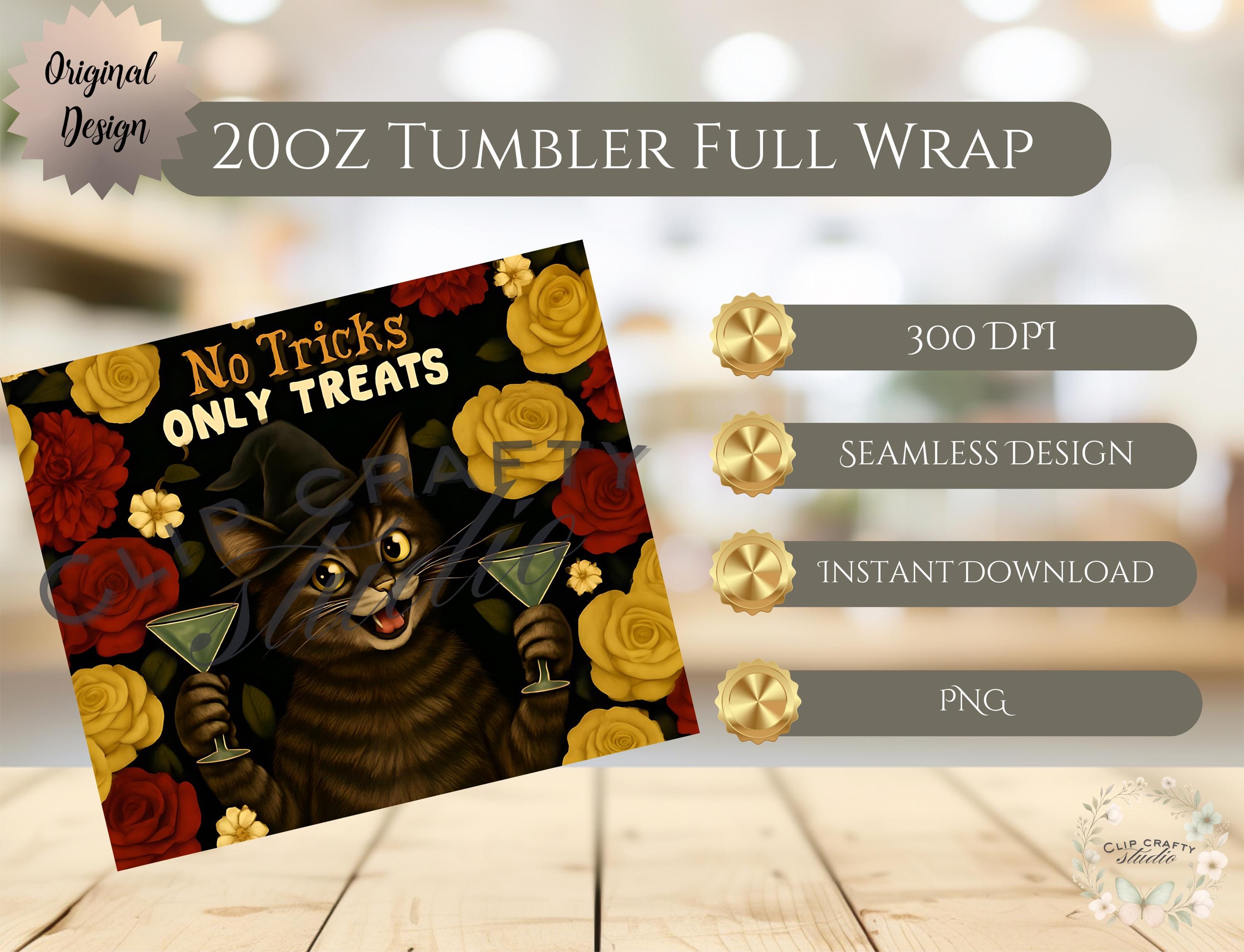 No Tricks Only Treats Cat Witch Floral 20oz Tumbler Wrap PNG Sublimation Design - Thumbnail 7