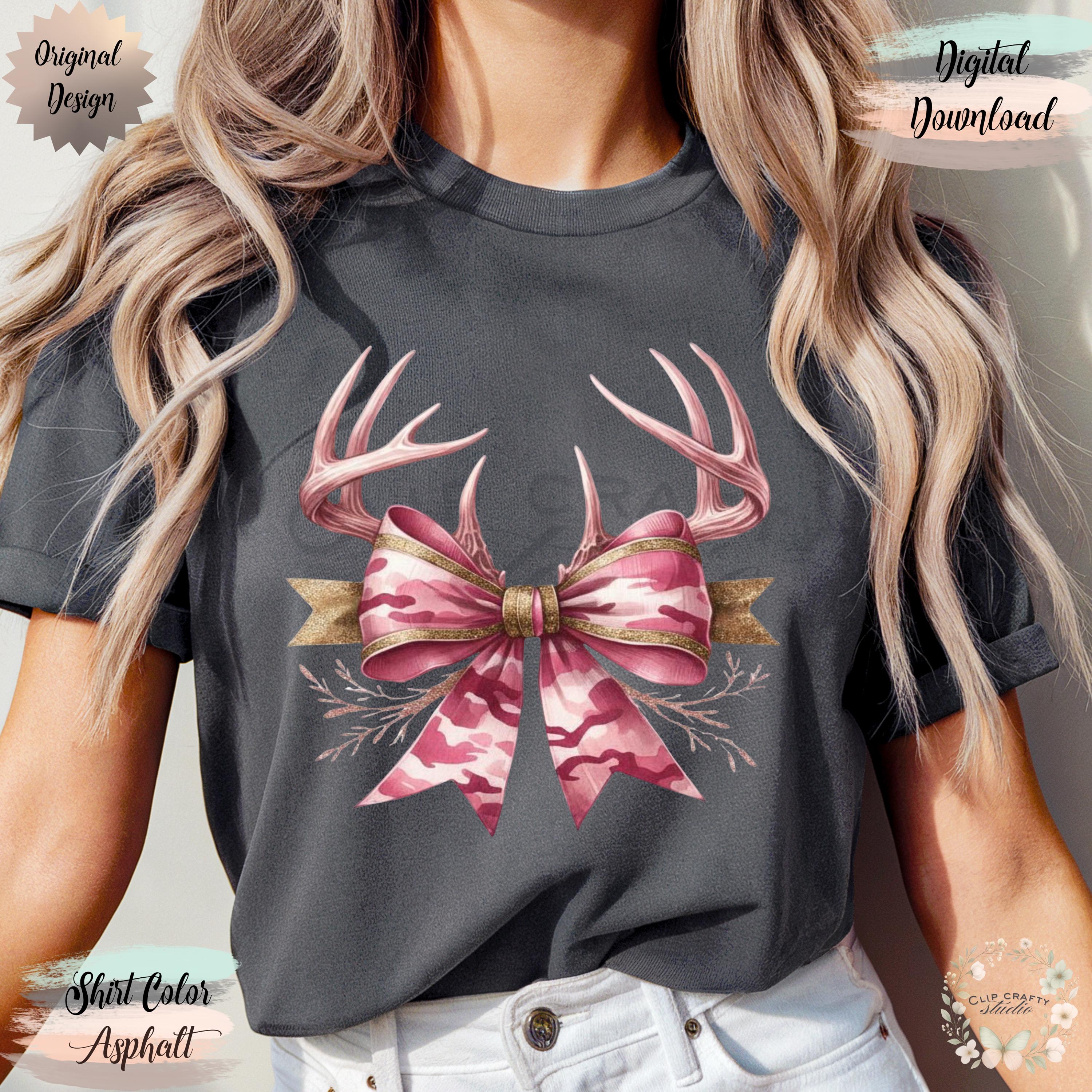 Deer Hunting Pink Camo Coquette Bow T-Shirt Sublimation PNG Hunting Wife Design Pink Camo Deer Hunting Coquette Hunting Digital Download - Thumbnail 5